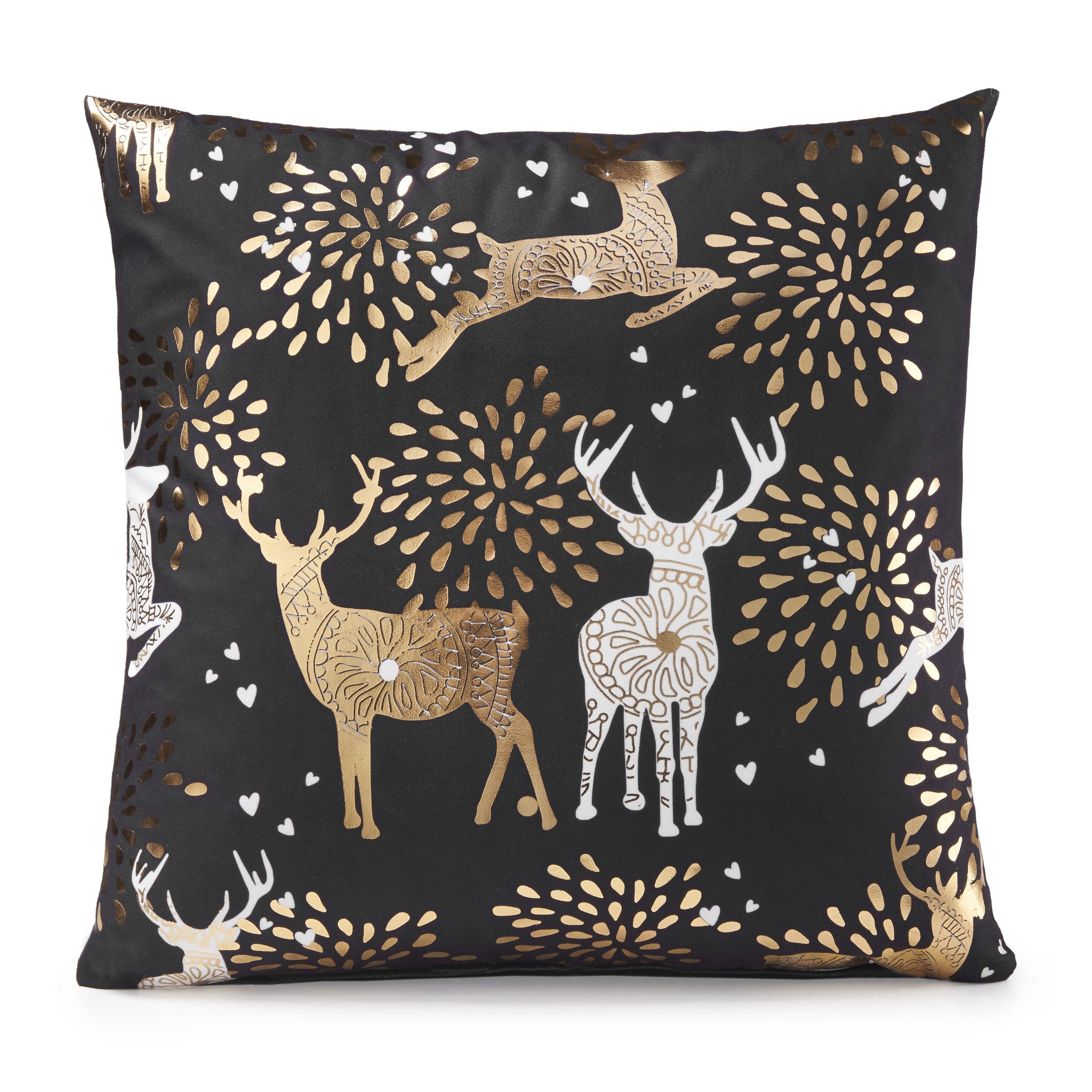 Black - Alan Symonds - Reindeer Gold & Black Christmas Cushion - 1