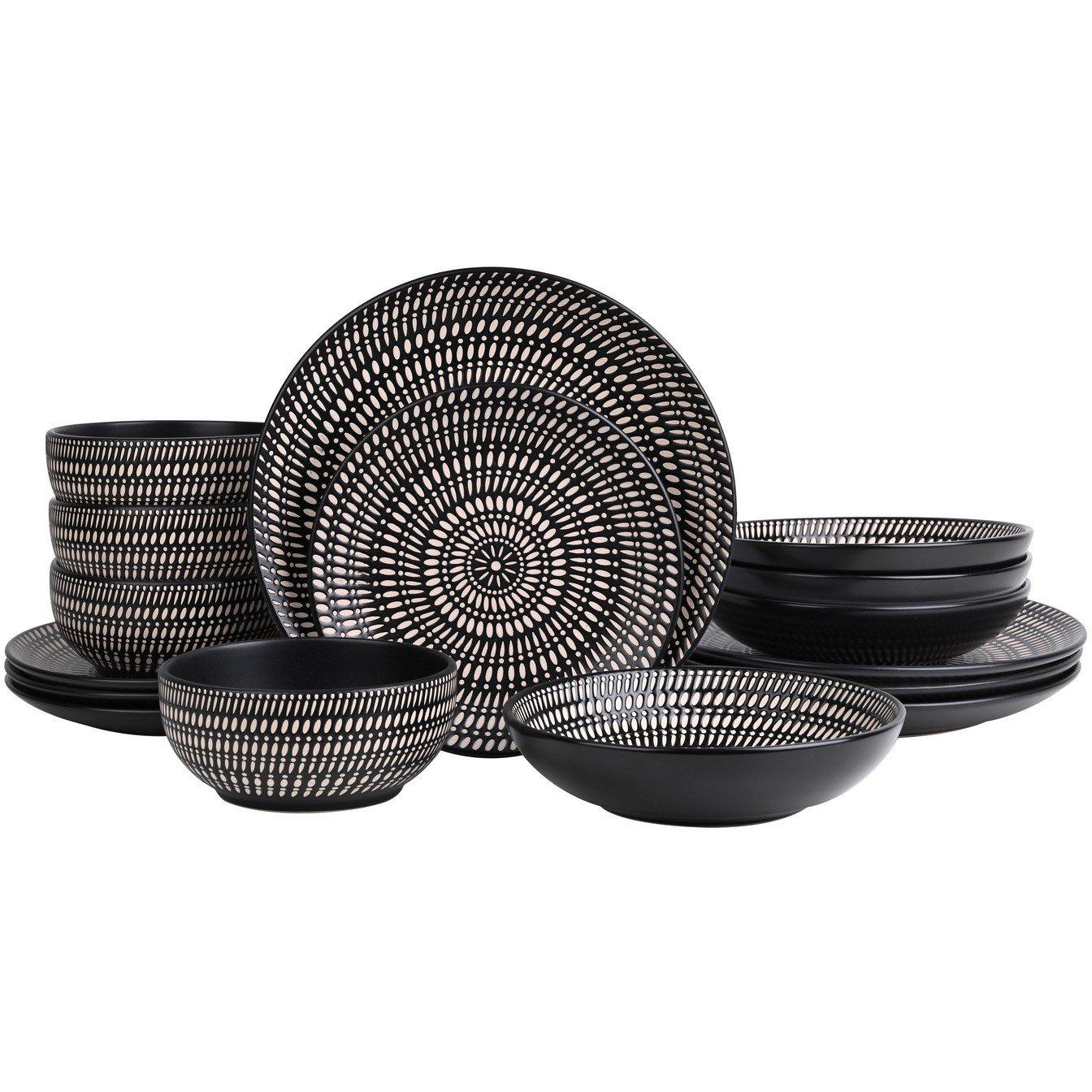 Black - Waterside - 16PC Pad Print Black Dinner Set - 1