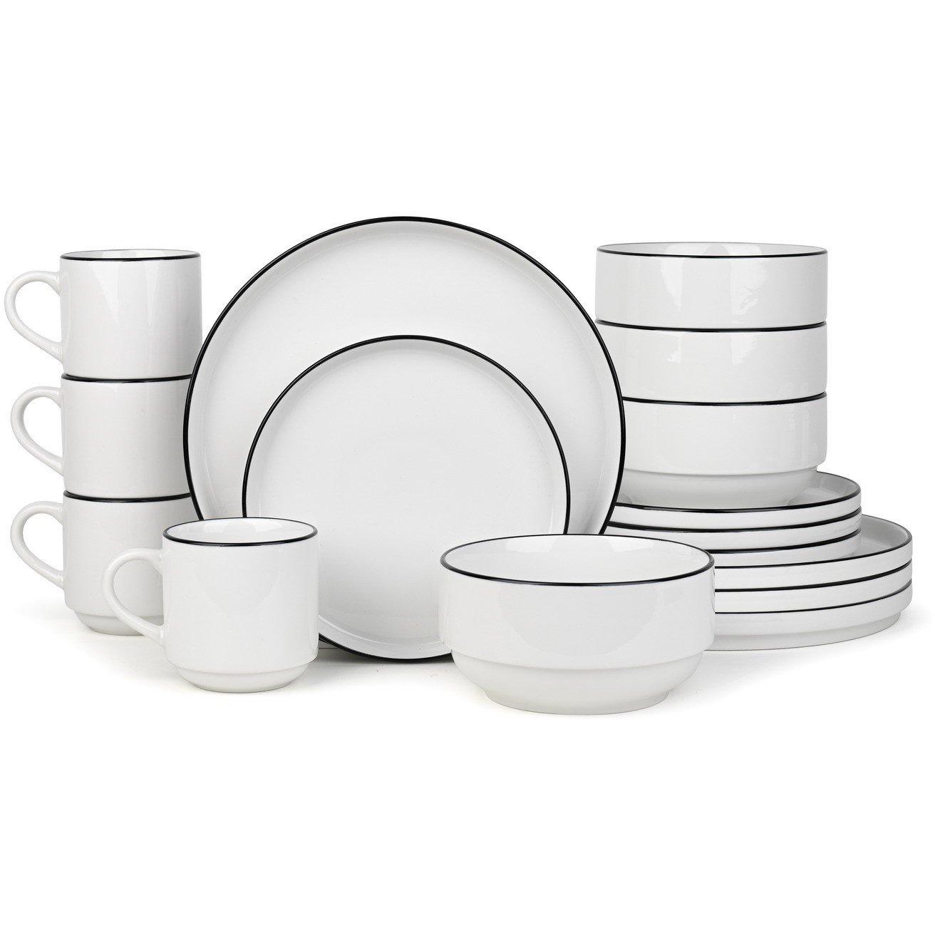 Waterside  16Pc Stackable With Black Rim Dinner Set White