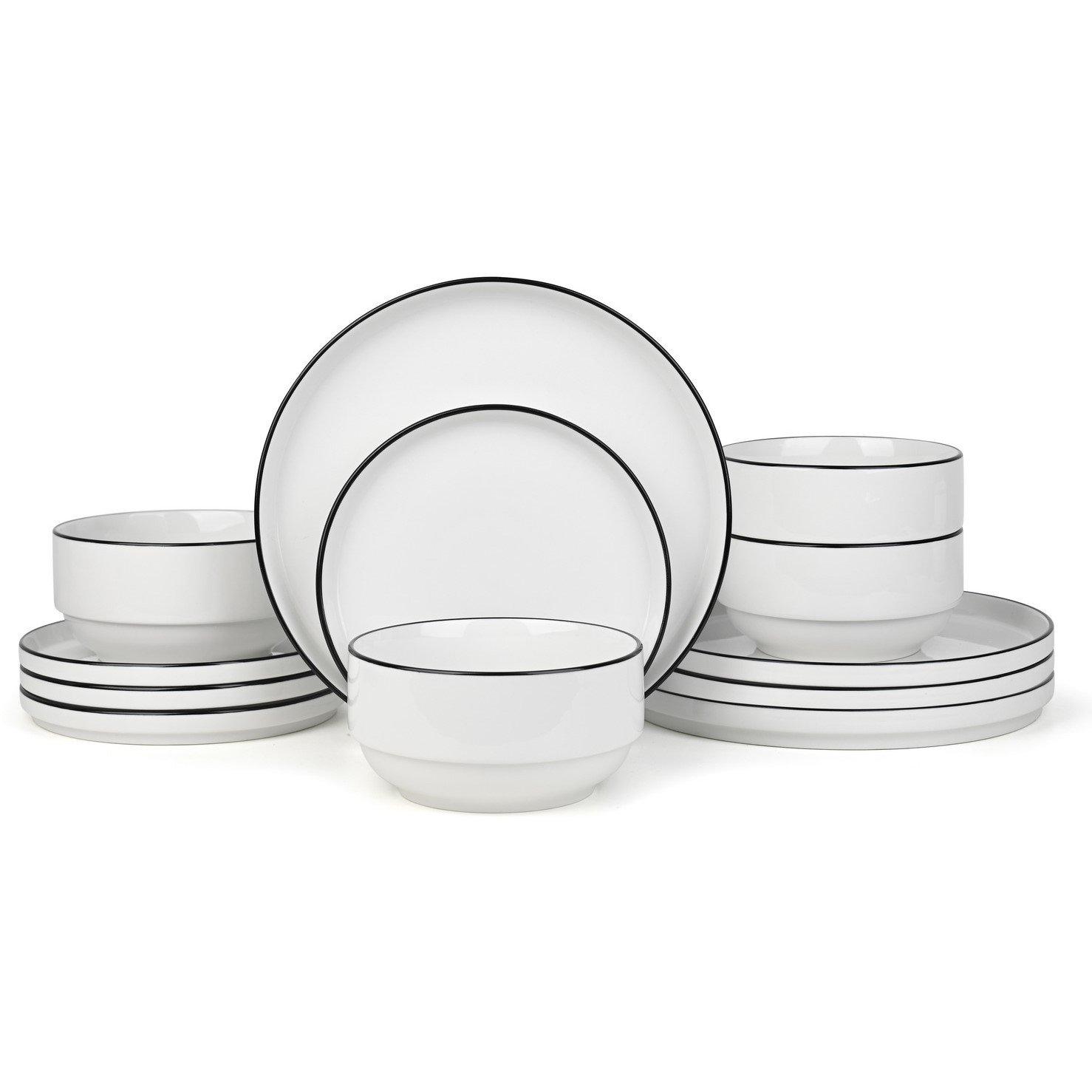 White - Waterside - 12PC Stackable White with Black Rim Dinner Set - 1