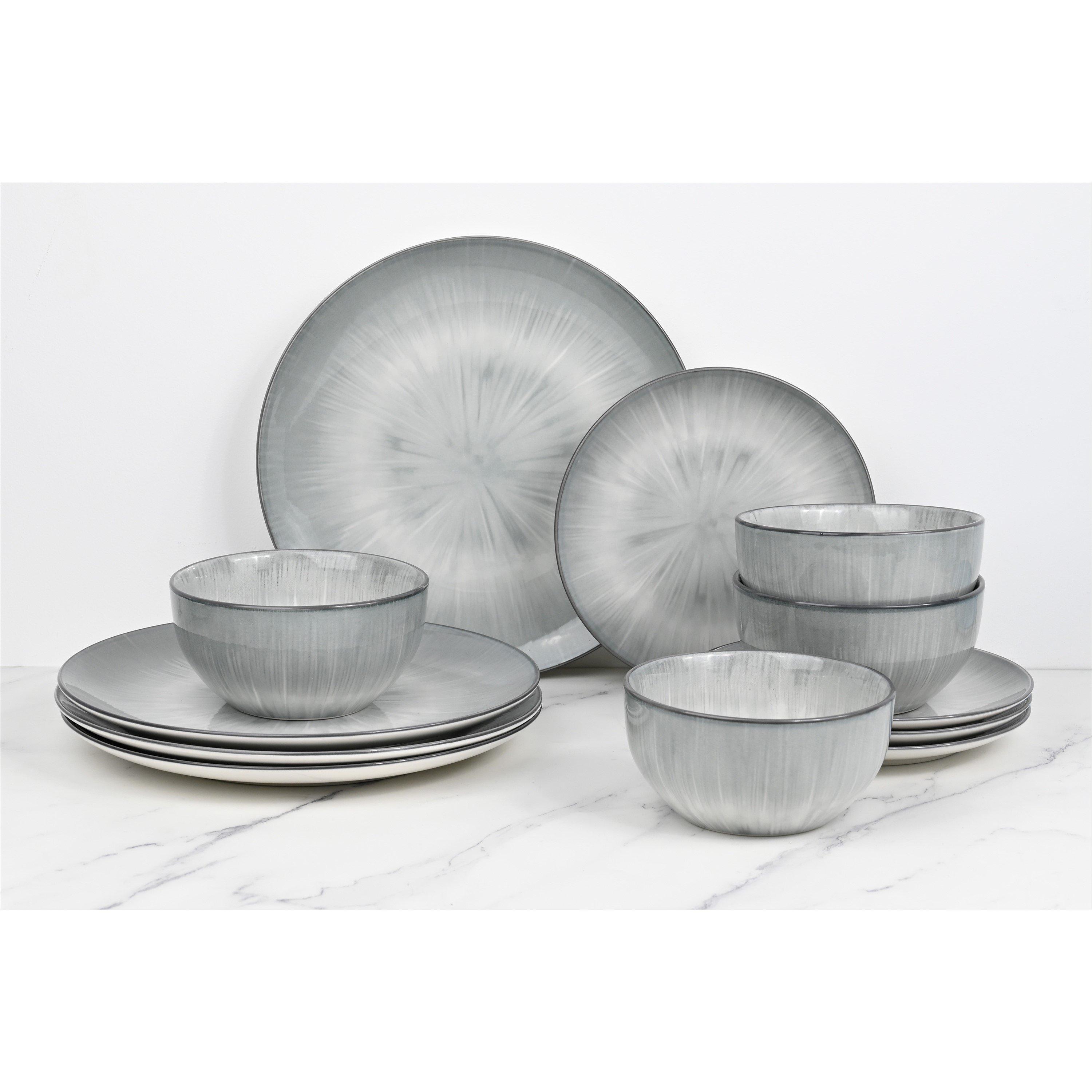Grey - Waterside - 12pc Grey Star Pad Print Dinner Set - 1