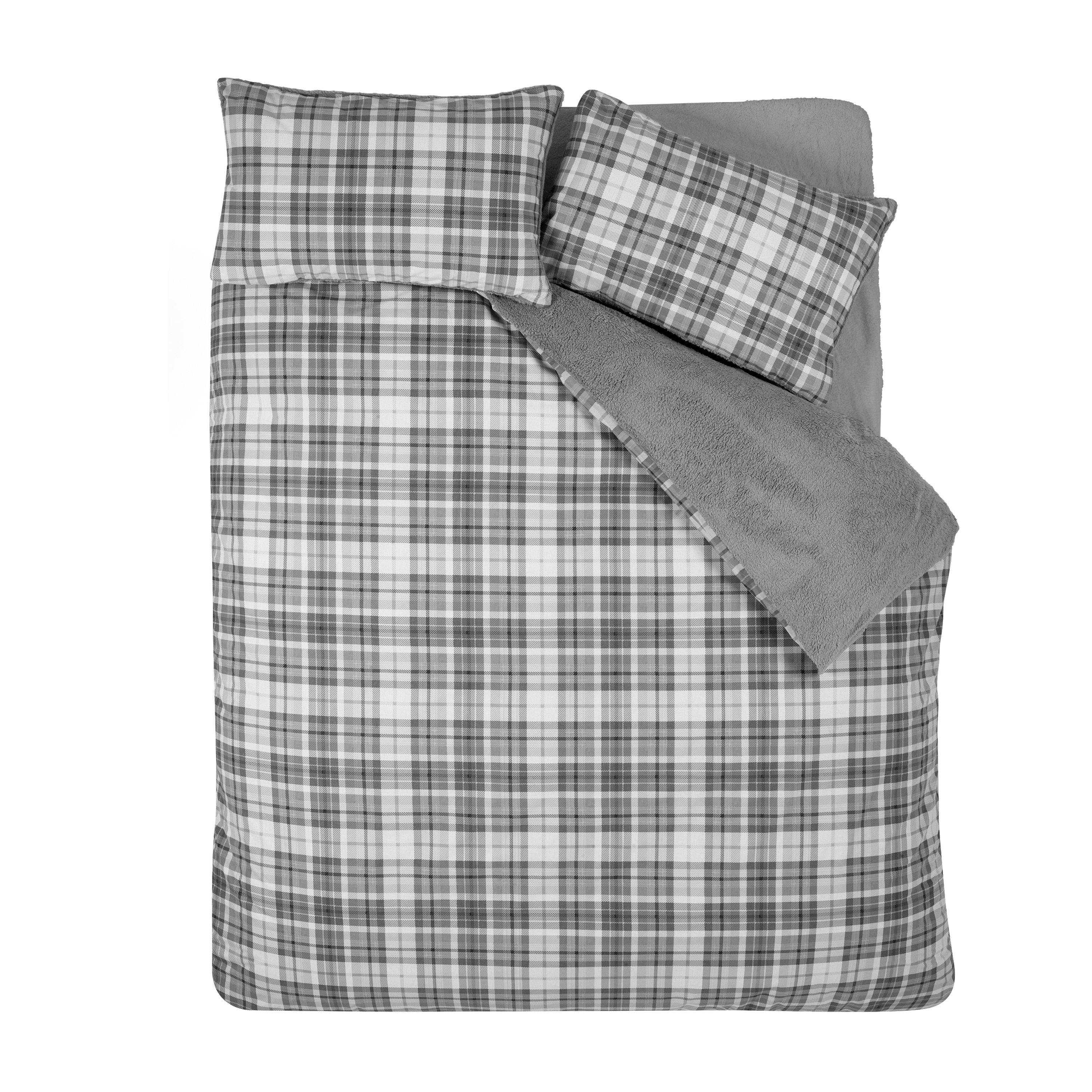 Grey - Catherine Lansfield - Cosy Sherpa Check Duvet Cover Set - 5