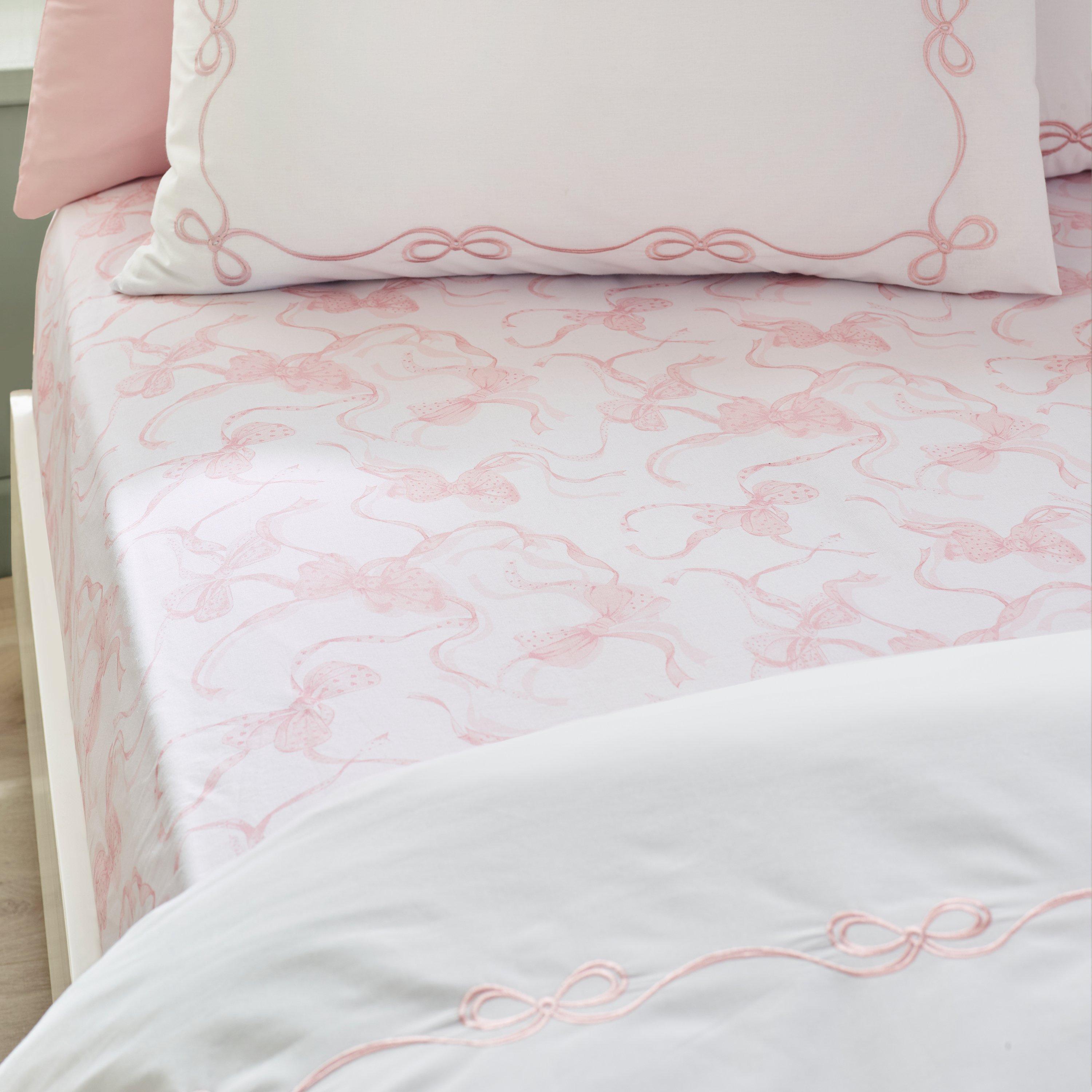 White / Pink - Catherine Lansfield - Bow Fitted Sheet - 1