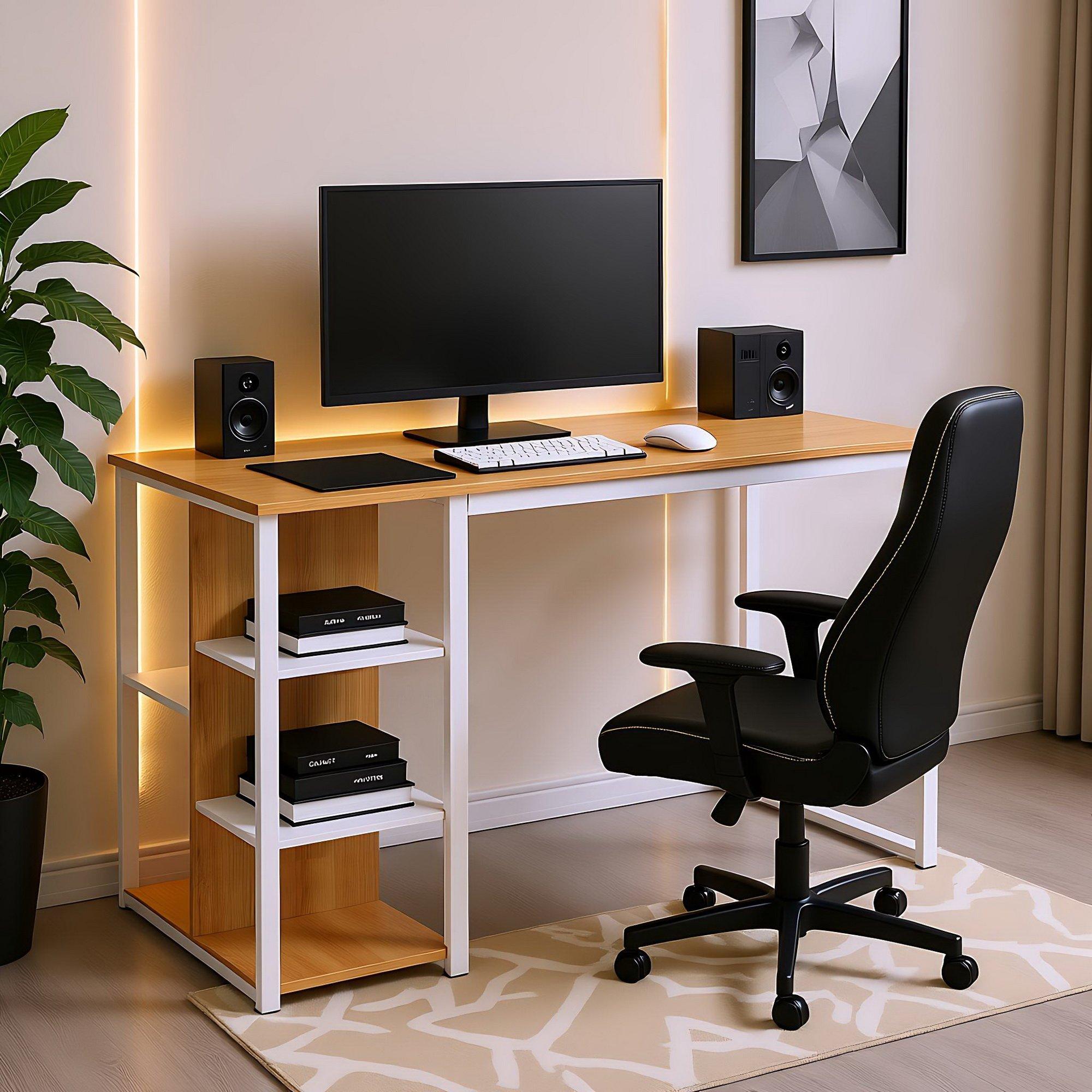 Beige - Urban Meuble - Gaming Desk with Side Shelves - 1