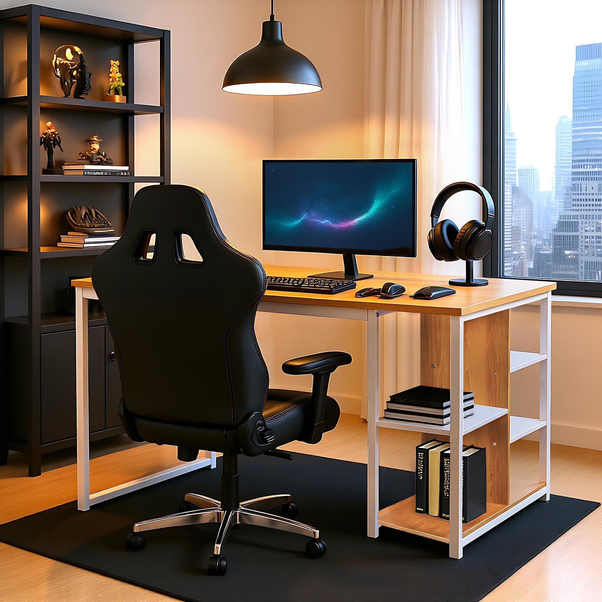 Beige - Urban Meuble - Gaming Desk with Side Shelves - 2