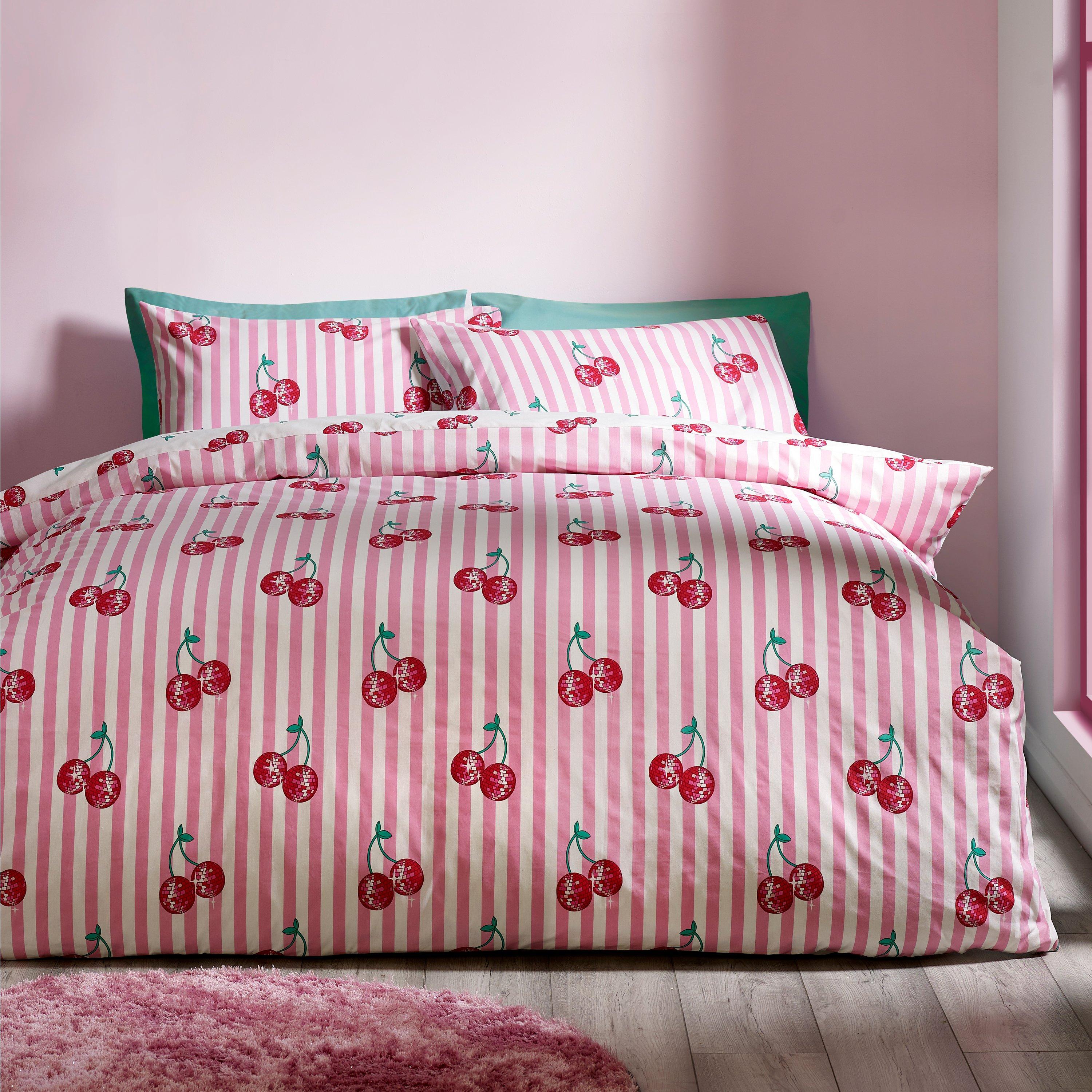 Pink - Catherine Lansfield - Disco Cherries Stripes Reversible Duvet Cover Set - 1
