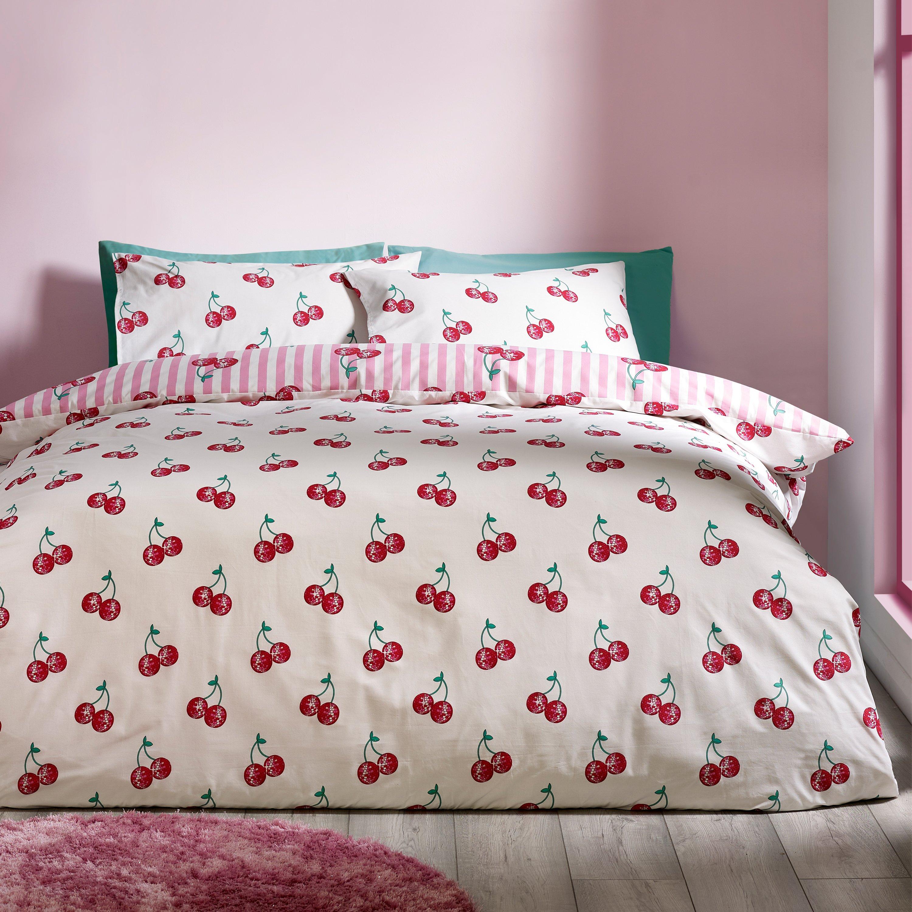 Pink - Catherine Lansfield - Disco Cherries Stripes Reversible Duvet Cover Set - 2