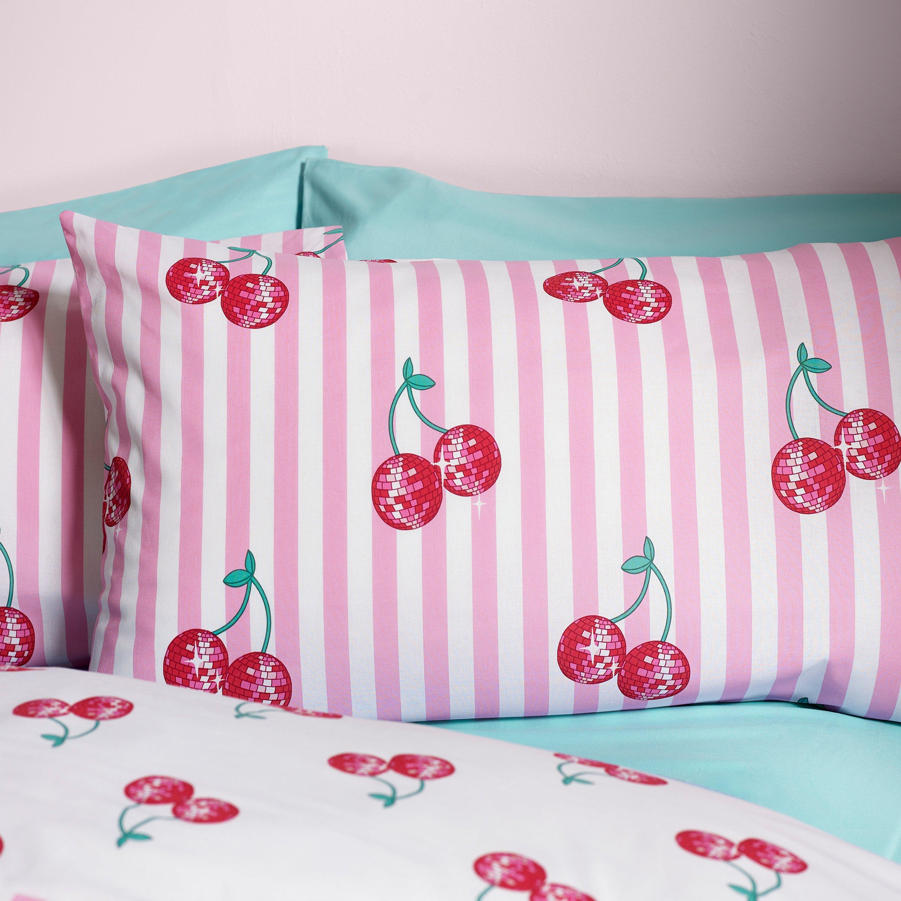 Pink - Catherine Lansfield - Disco Cherries Stripes Reversible Duvet Cover Set - 3