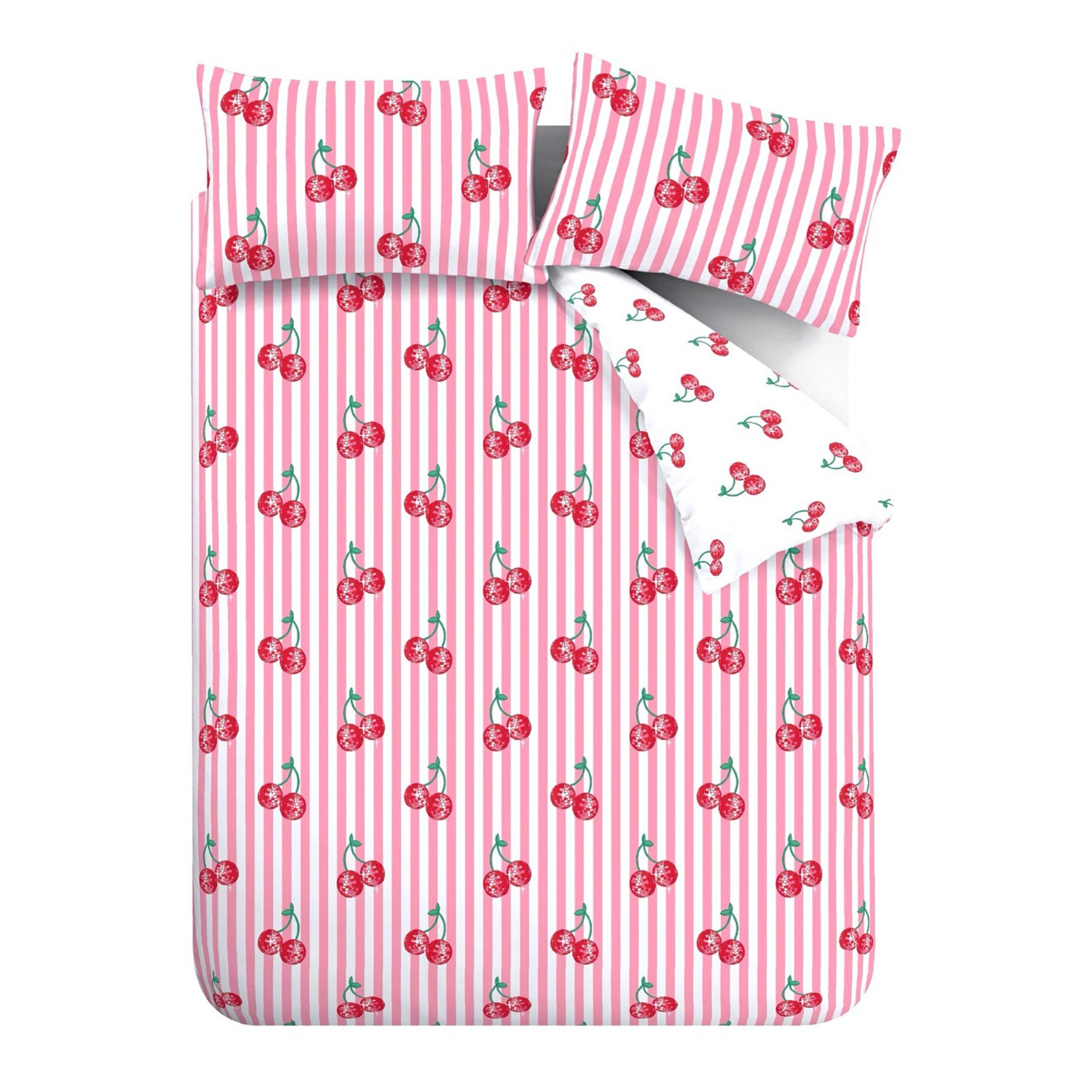 Pink - Catherine Lansfield - Disco Cherries Stripes Reversible Duvet Cover Set - 5