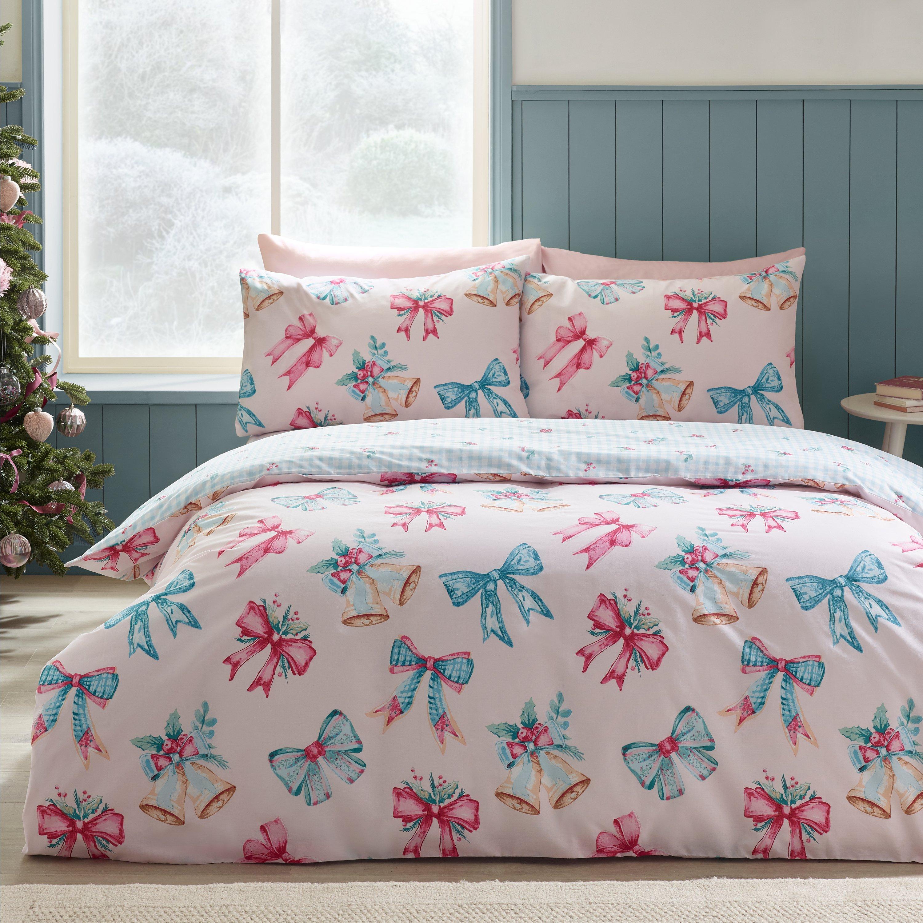 Pink - Catherine Lansfield - Christmas Bows And Bells Duvet Cover Set - 1