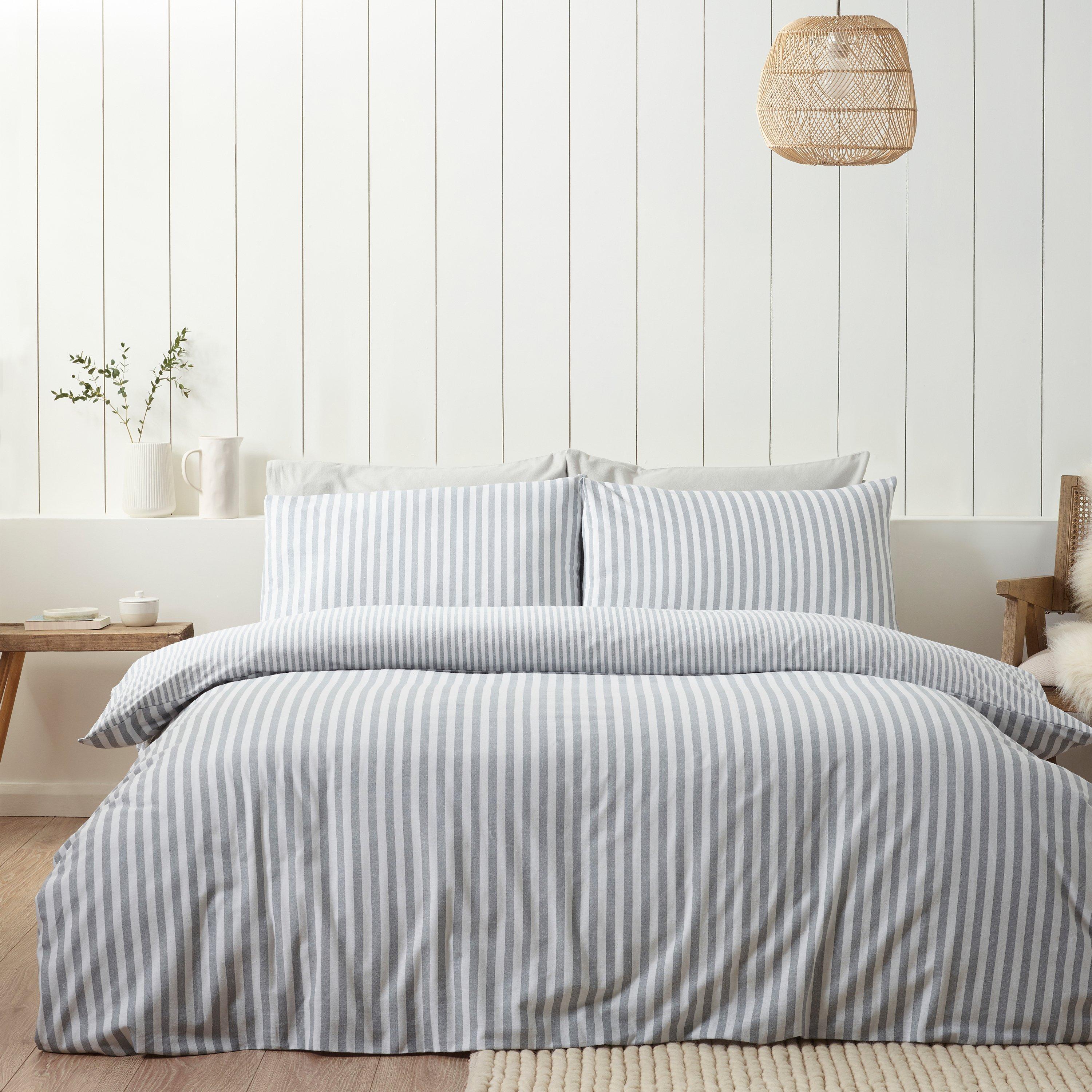 Silver Grey - Catherine Lansfield - Brushed Stripe Cotton Reversible Duvet Cover Set - 1