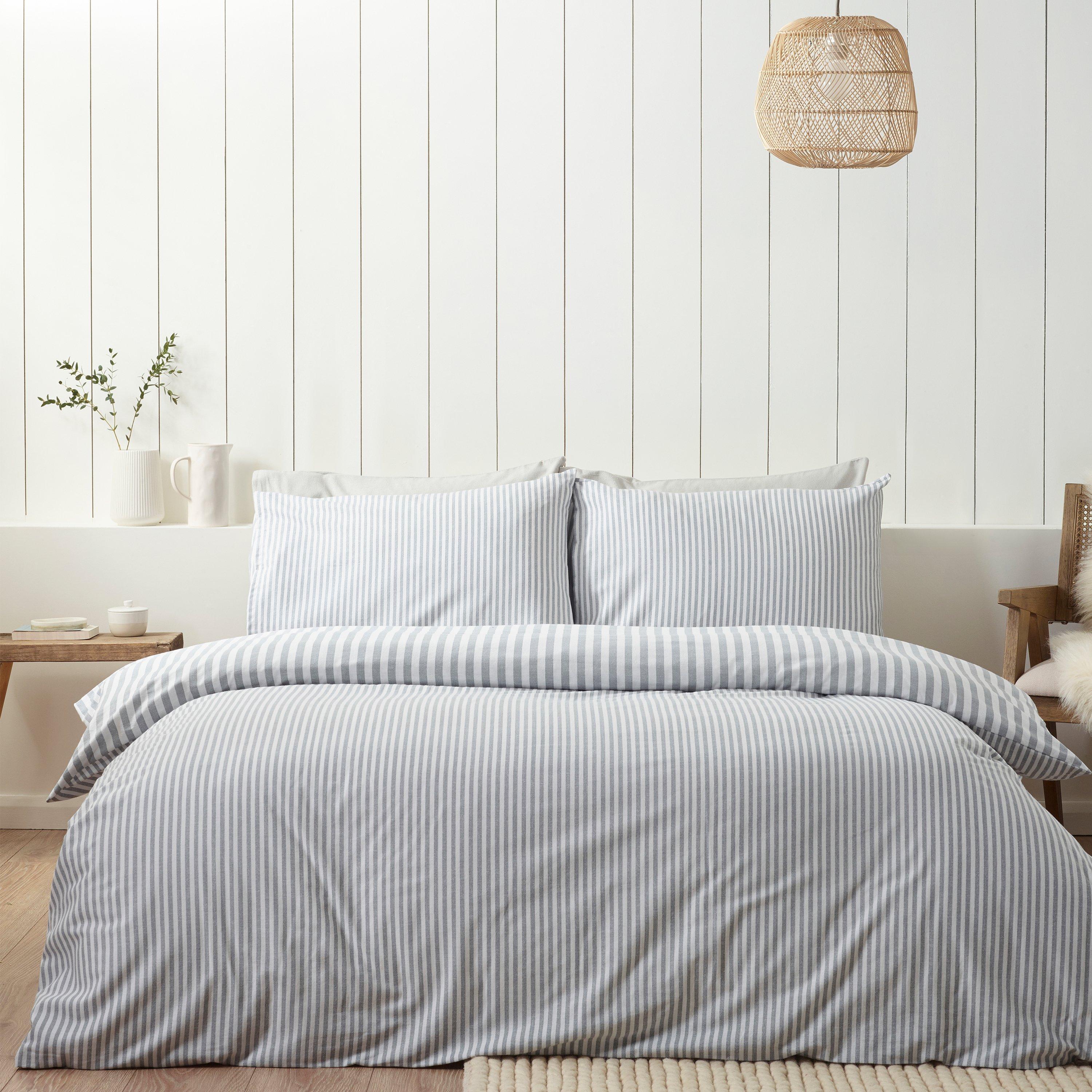 Silver Grey - Catherine Lansfield - Brushed Stripe Cotton Reversible Duvet Cover Set - 2