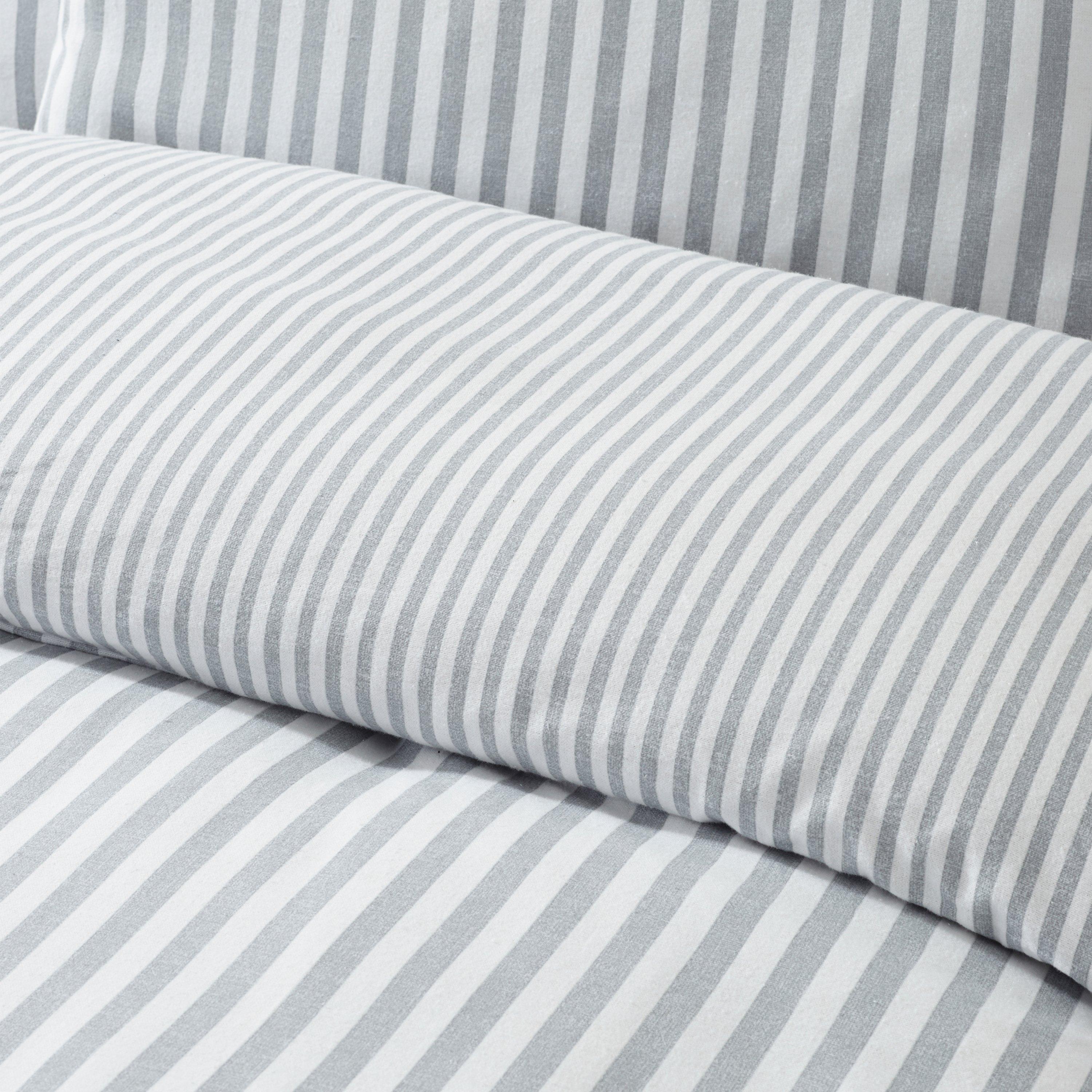 Silver Grey - Catherine Lansfield - Brushed Stripe Cotton Reversible Duvet Cover Set - 4