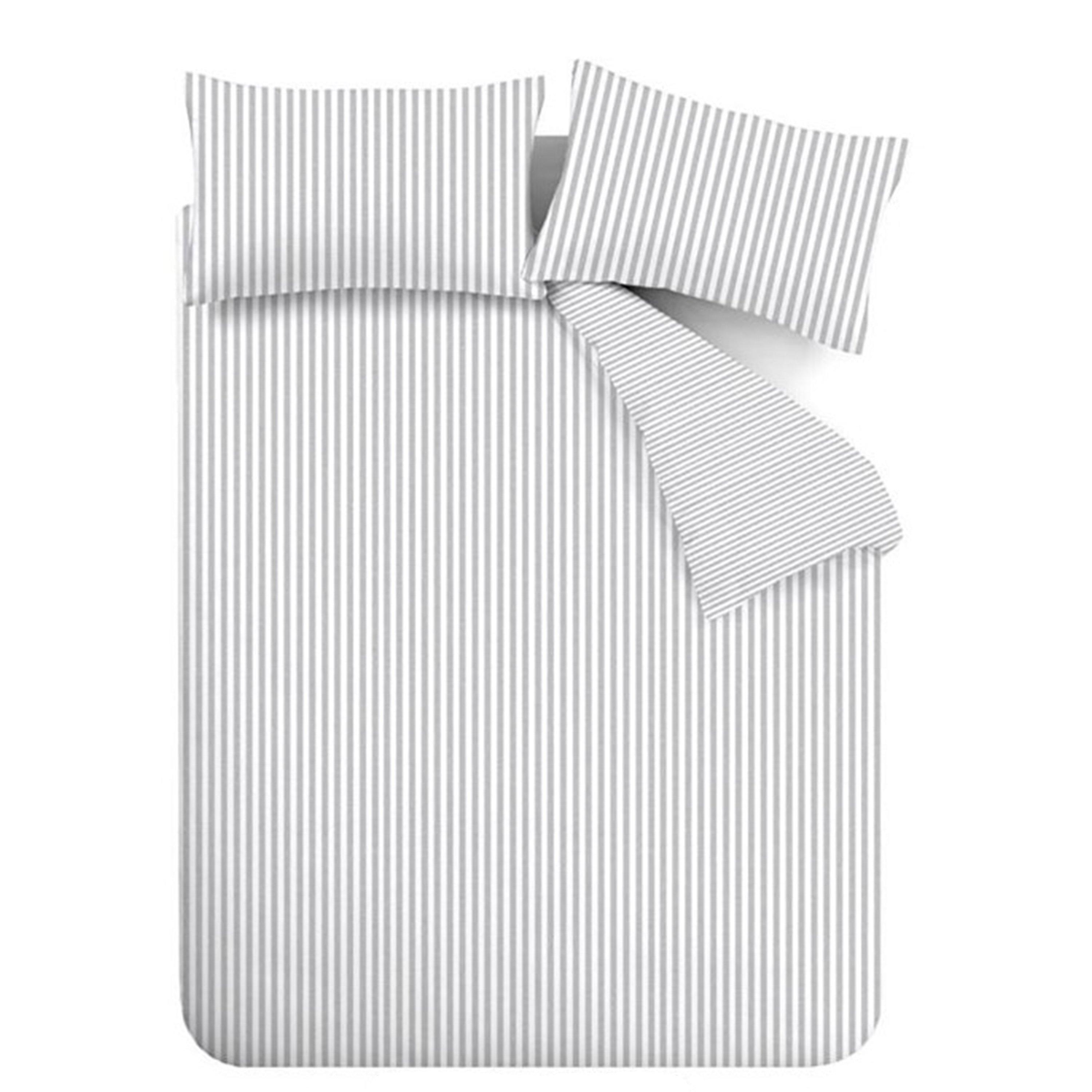 Silver Grey - Catherine Lansfield - Brushed Stripe Cotton Reversible Duvet Cover Set - 6