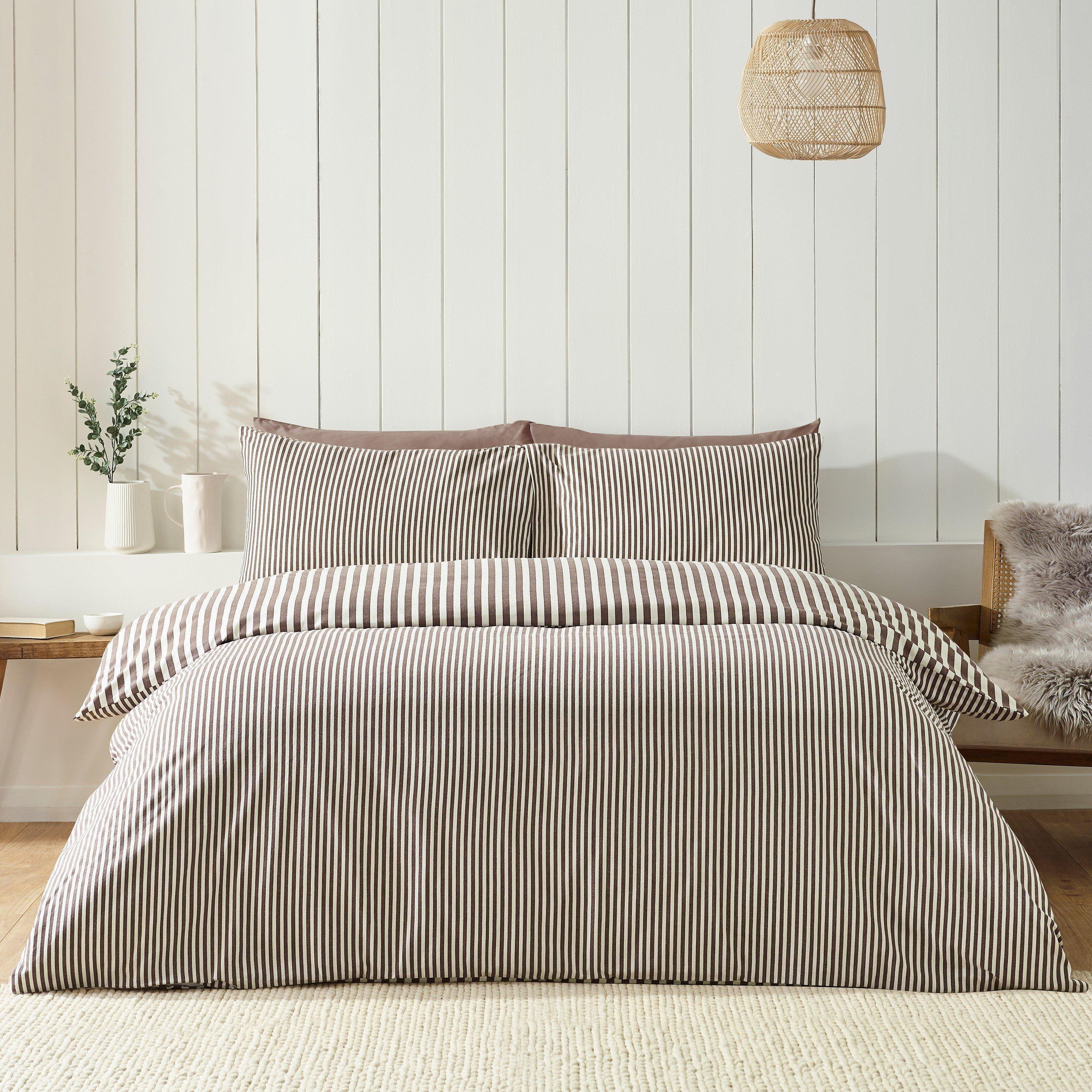 Chocolate - Catherine Lansfield - Brushed Stripe Cotton Reversible Duvet Cover Set - 2