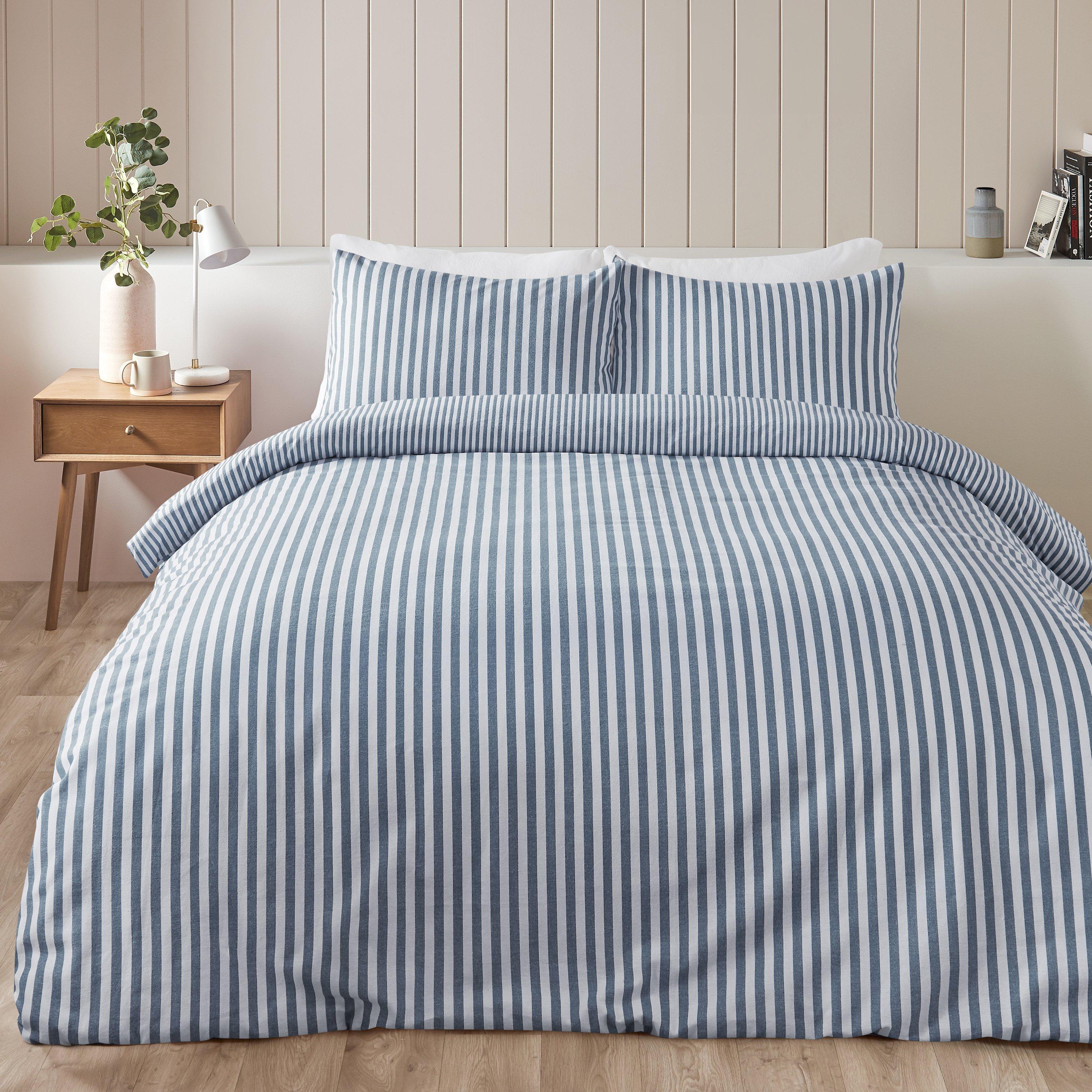 Catherine Lansfield  Brushed Stripe Cotton Reversible Duvet Cover Set - Blue - King