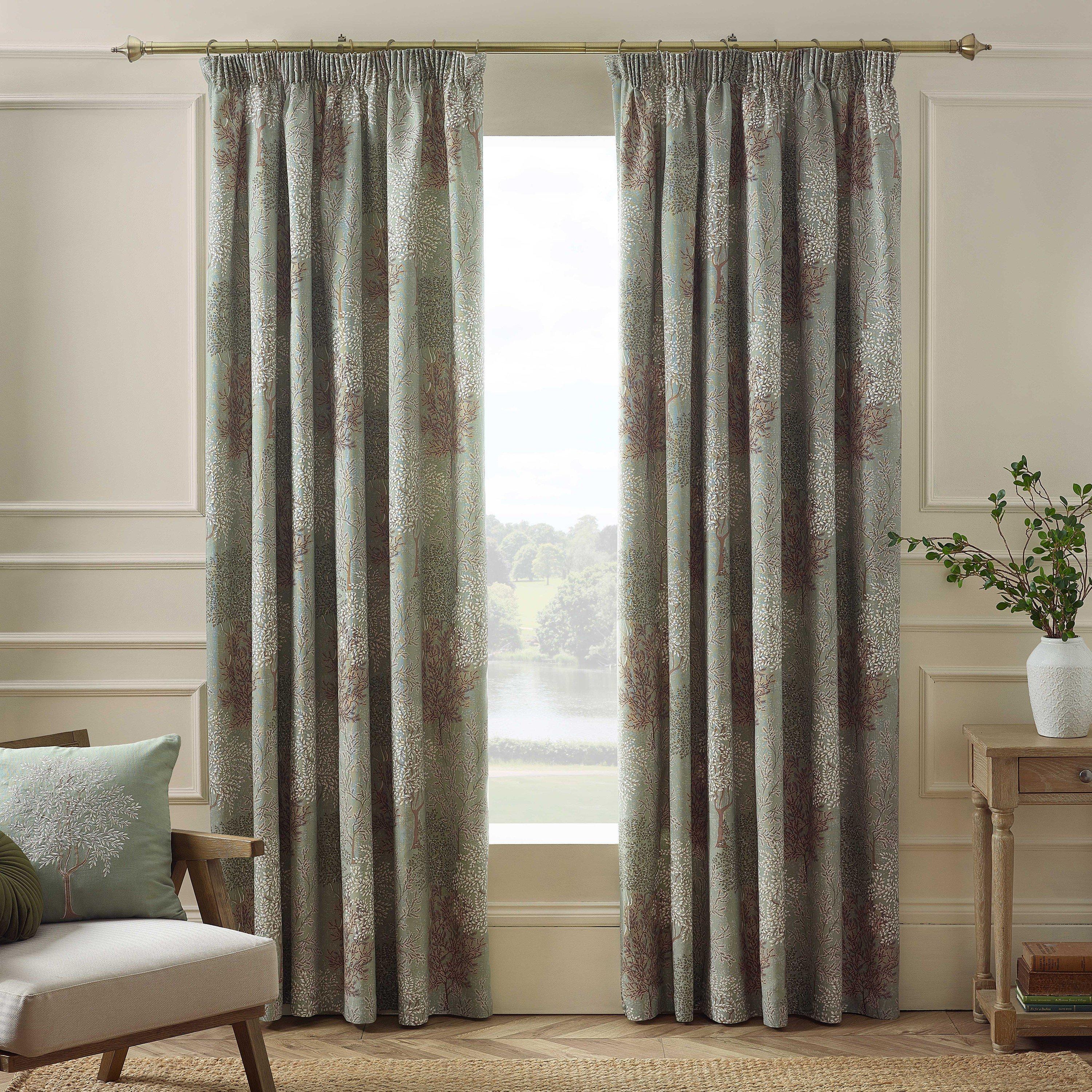 Green - Catherine Lansfield - Woodland Trees Lined Pencil Pleat Curtains - 2