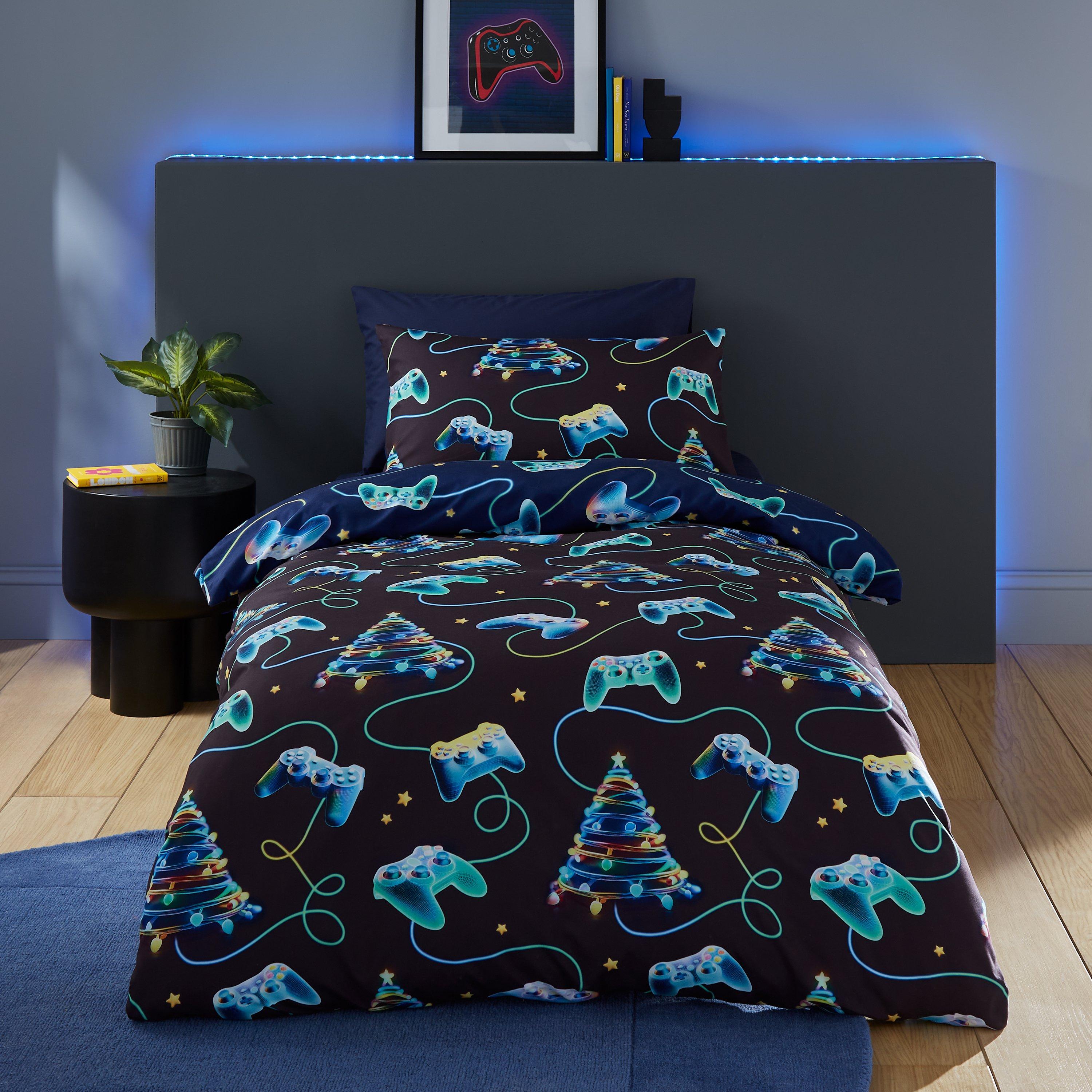 Catherine Lansfield  Kids Christmas Gamer So Soft Reversible Duvet Cover Set - Navy Blue - Single
