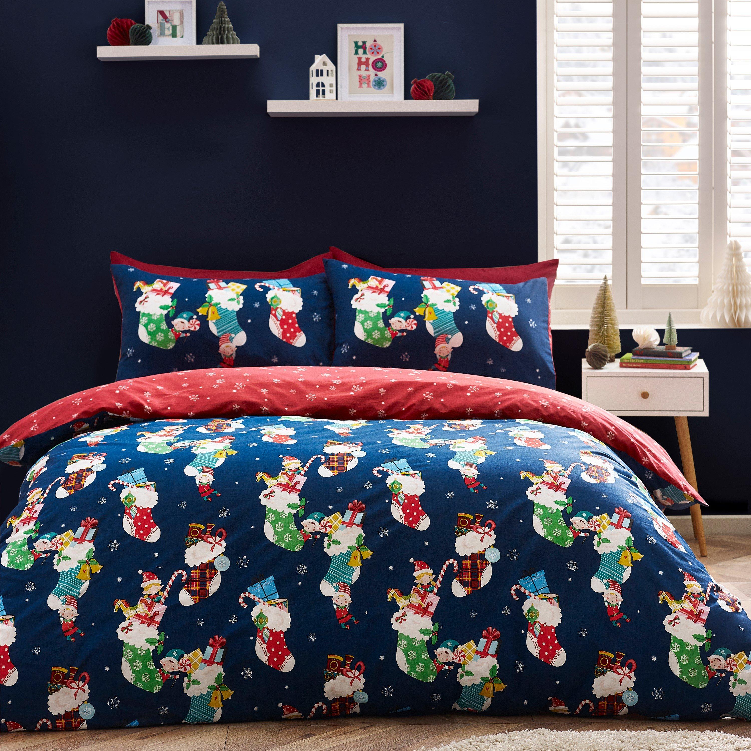 Navy Blue - Catherine Lansfield - Christmas Elves Cotton Rich Duvet Cover Set - 1