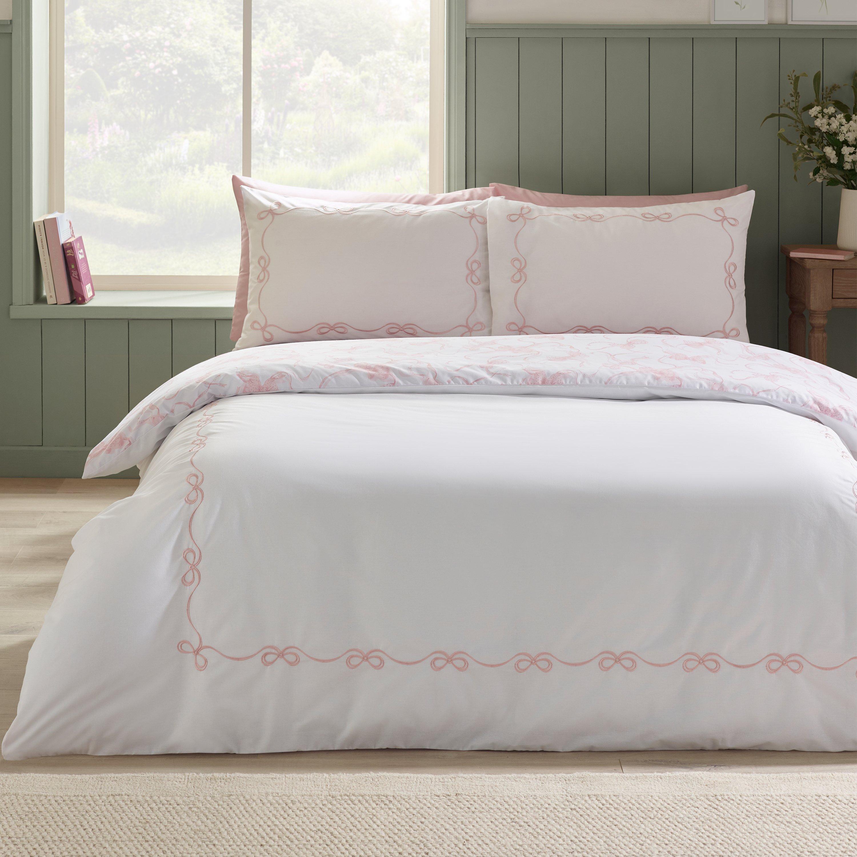 White / Pink - Catherine Lansfield - Bow Embroidery Duvet Cover Set - 1