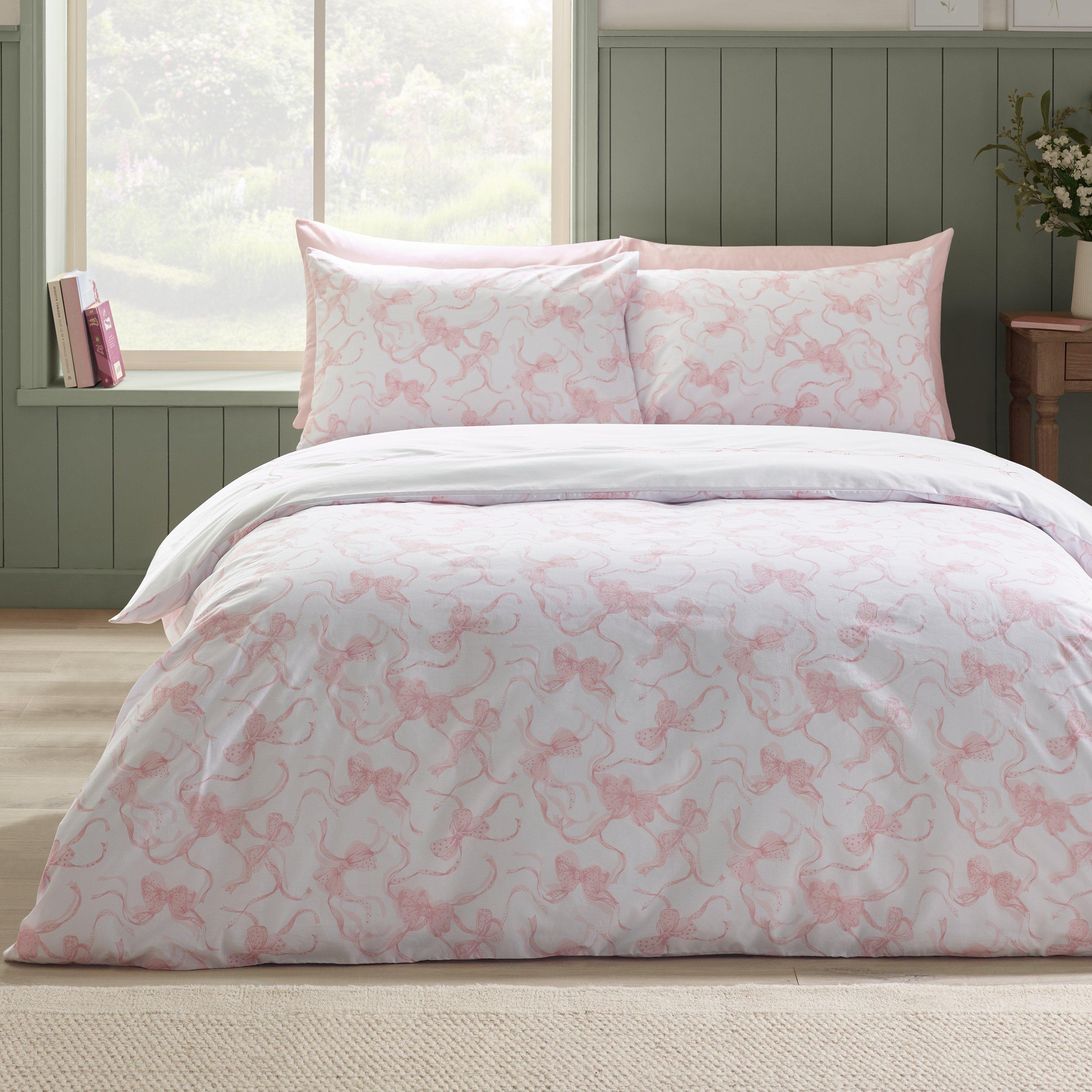 White / Pink - Catherine Lansfield - Bow Embroidery Duvet Cover Set - 2