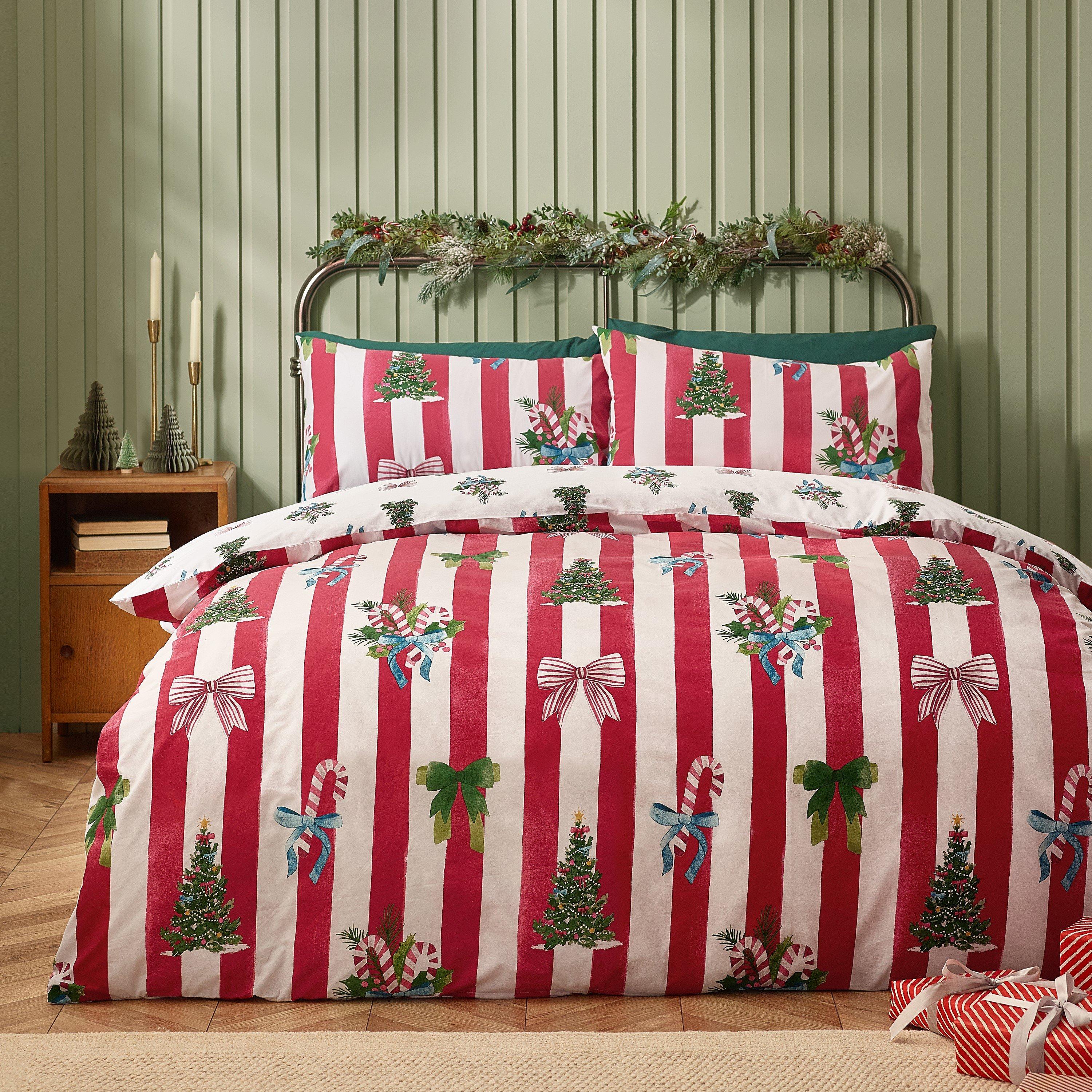 Red - Catherine Lansfield - Christmas Stripe Reversible Duvet Cover Set - 1
