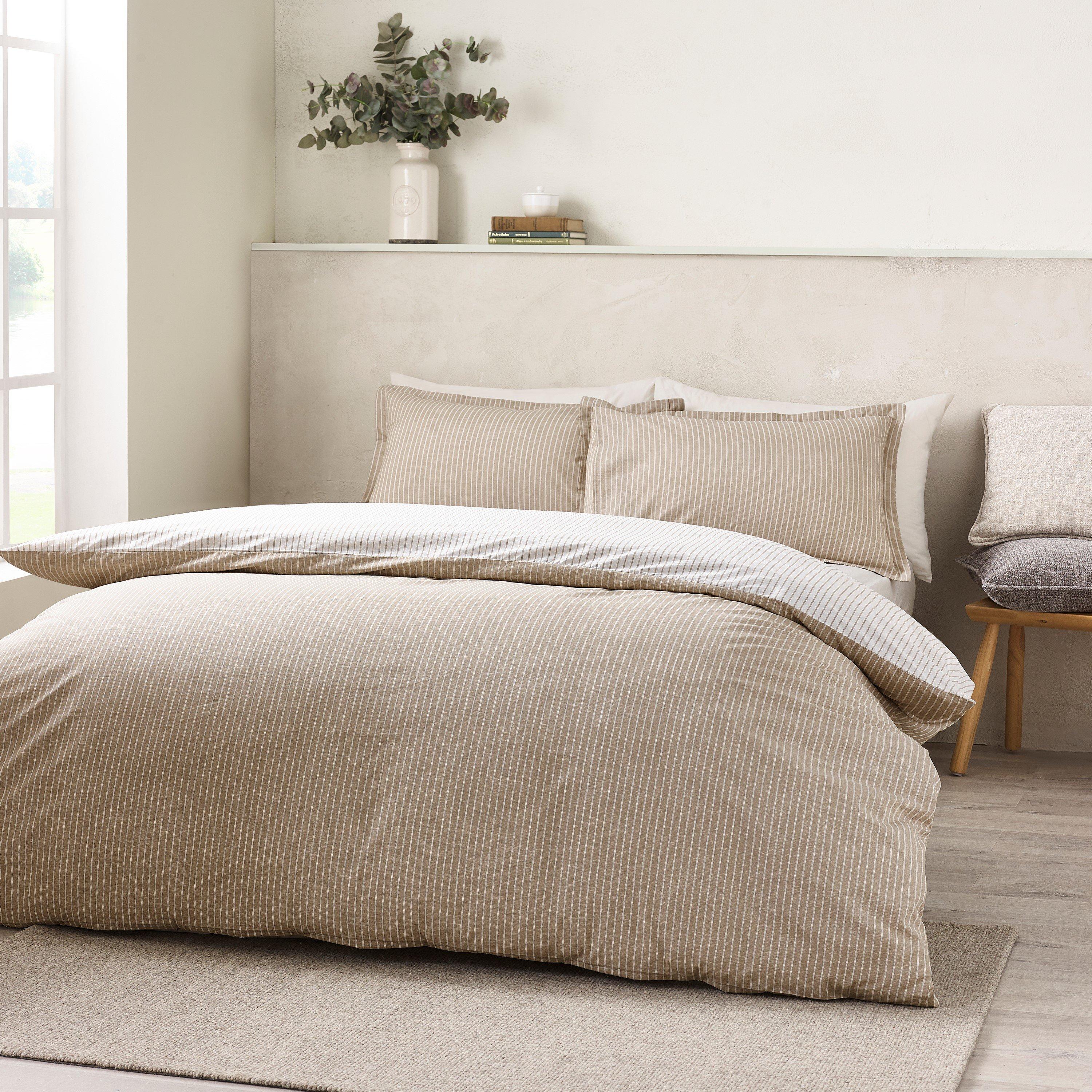 Natural - Catherine Lansfield - Oxford Pinstripe Reversible Duvet Cover Set - 2