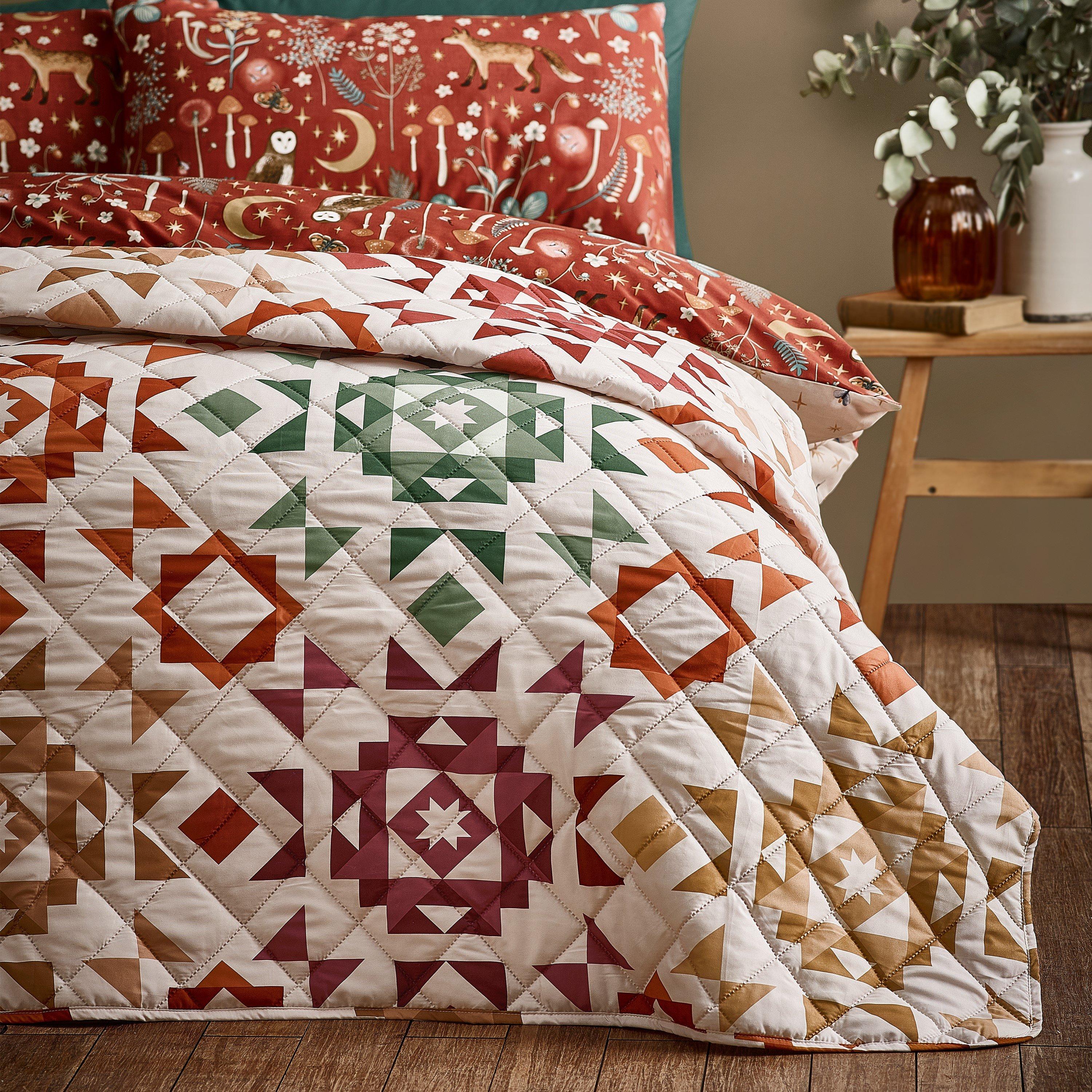 Natural - Catherine Lansfield - Autumn Patchwork Geo Quilted Bedspread - 1