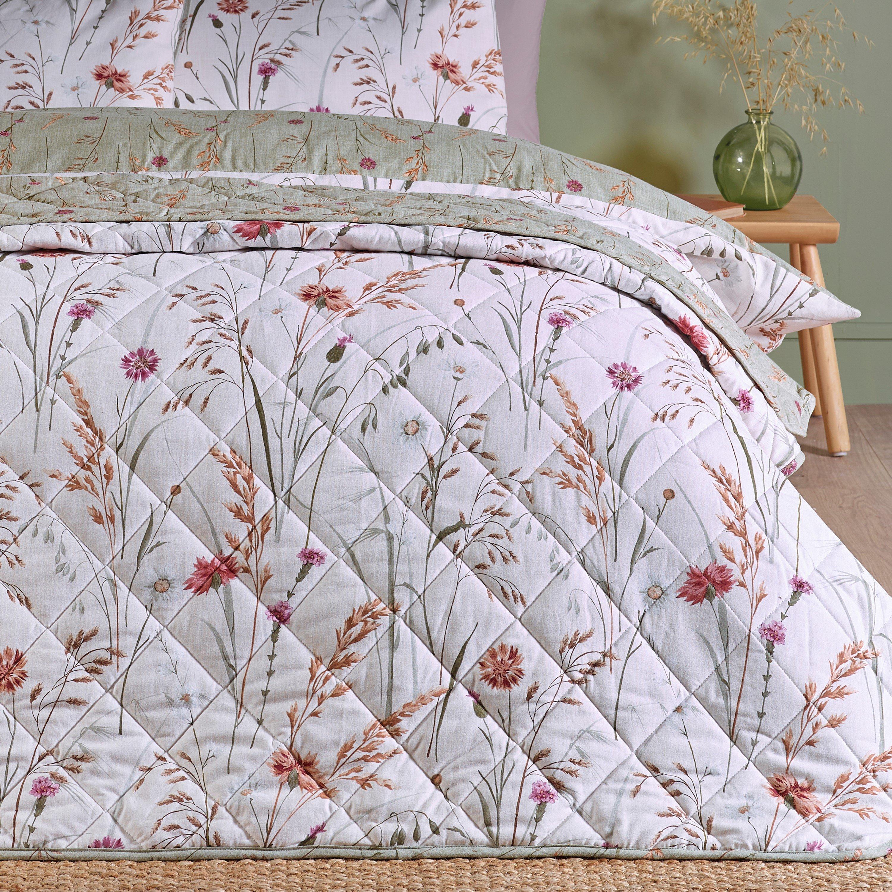 Green - Catherine Lansfield - Brushed Grasmere Floral Cotton Quilted Bedspread - 1