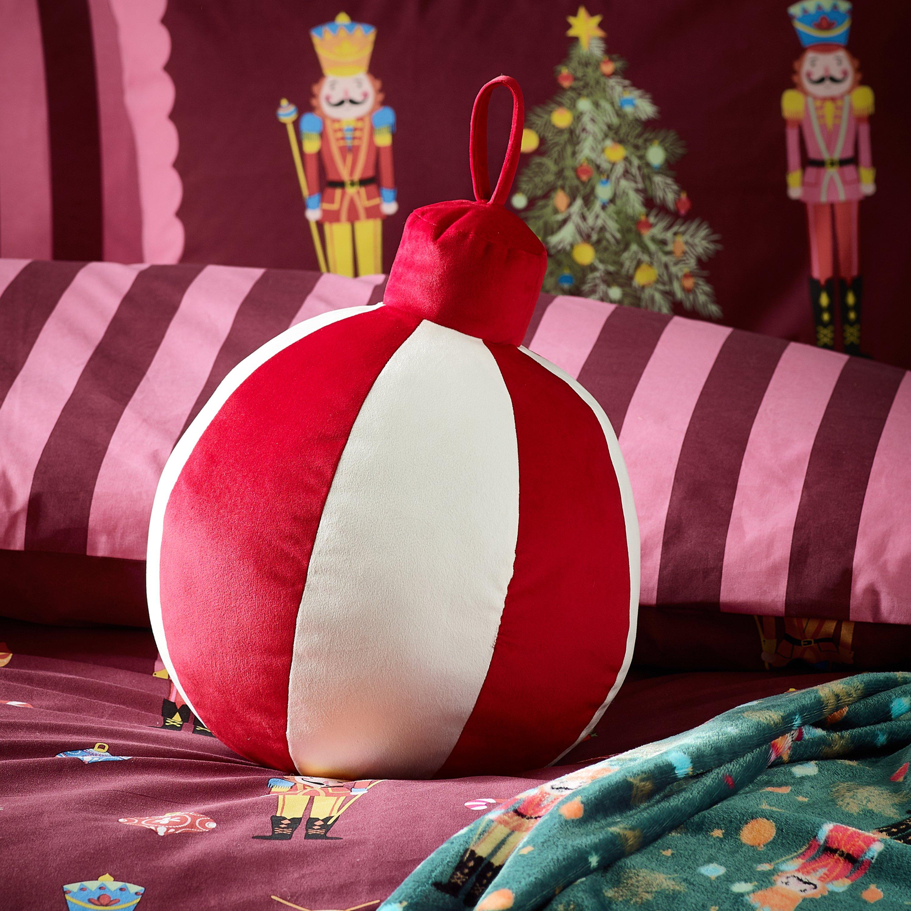 White / Red - Catherine Lansfield - Christmas Bauble 3D Shaped Cushion - 3