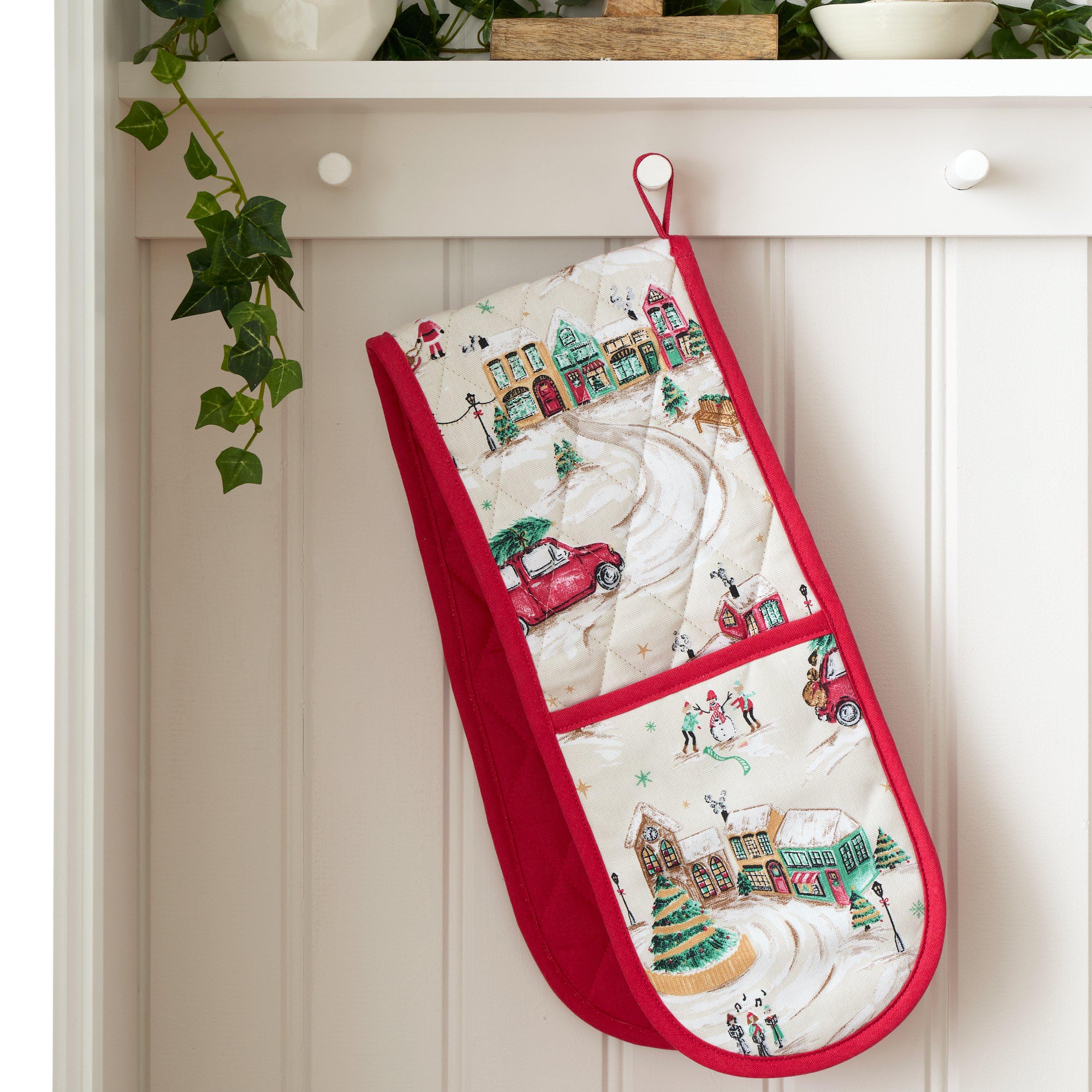 Natural - Catherine Lansfield - Christmas Town Cotton Kitchen Double Oven Glove - 1