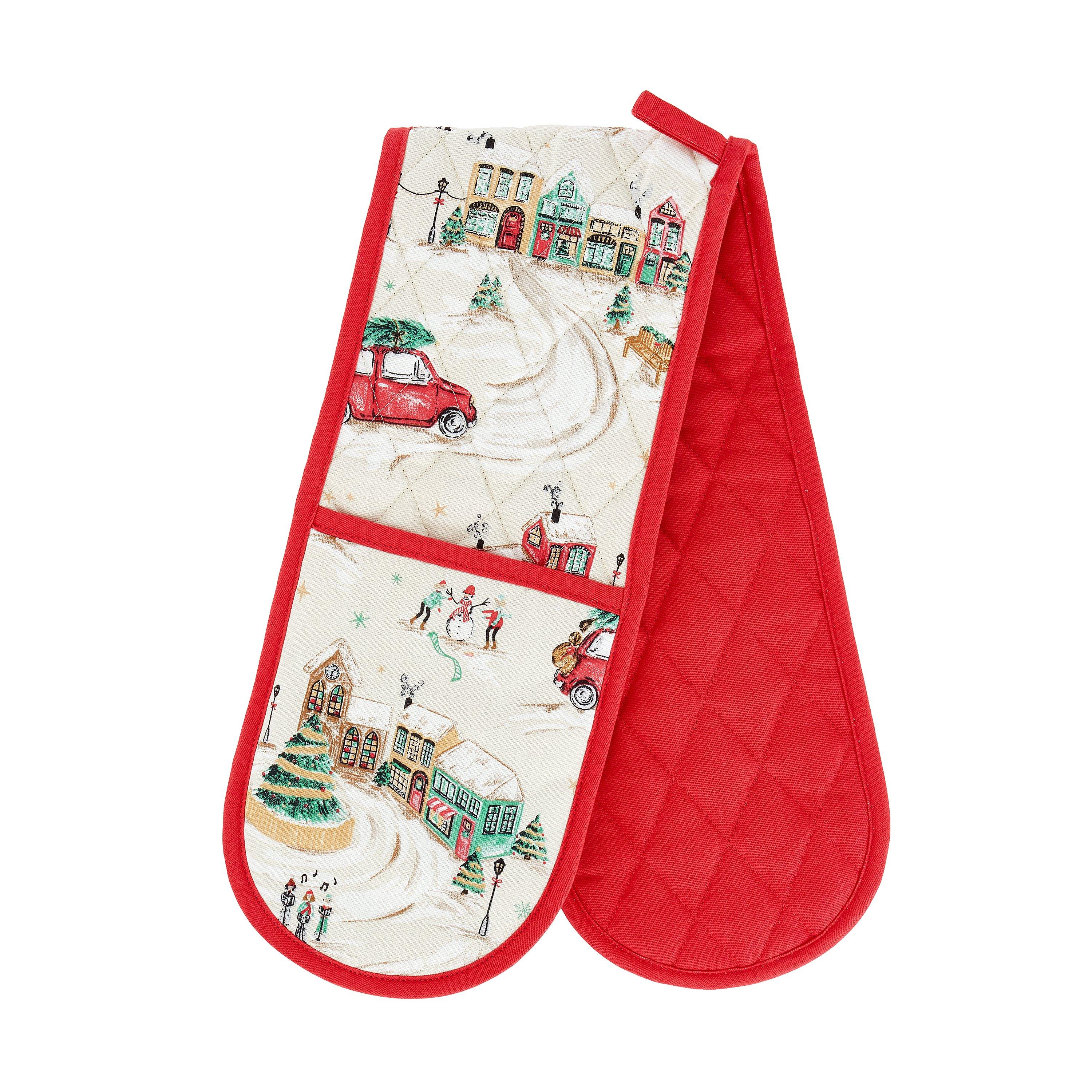 Natural - Catherine Lansfield - Christmas Town Cotton Kitchen Double Oven Glove - 3