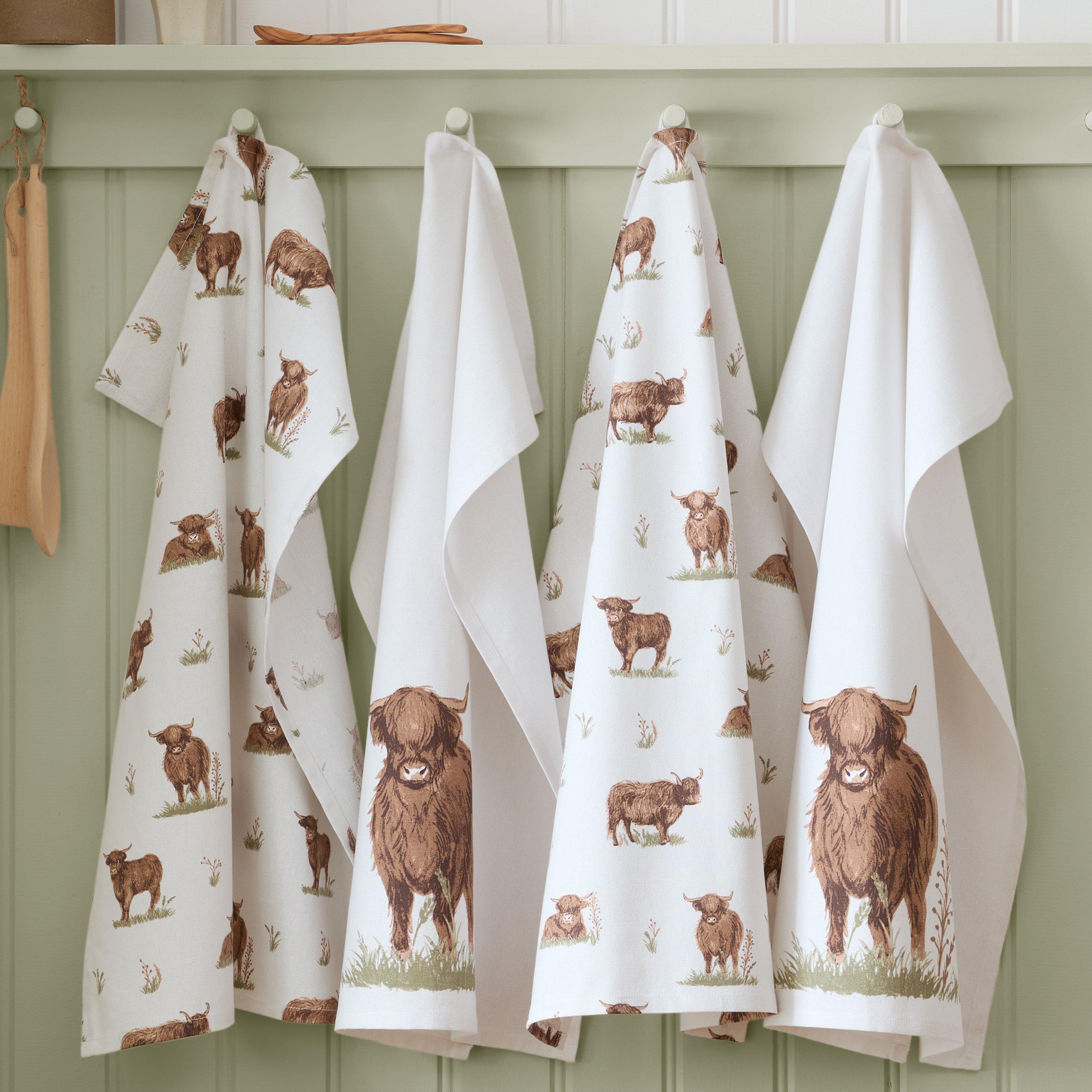 Catherine Lansfield  Angus Highland Cow Kitchen Tea Towel Pack Of 4 - Natural - 50x70cm