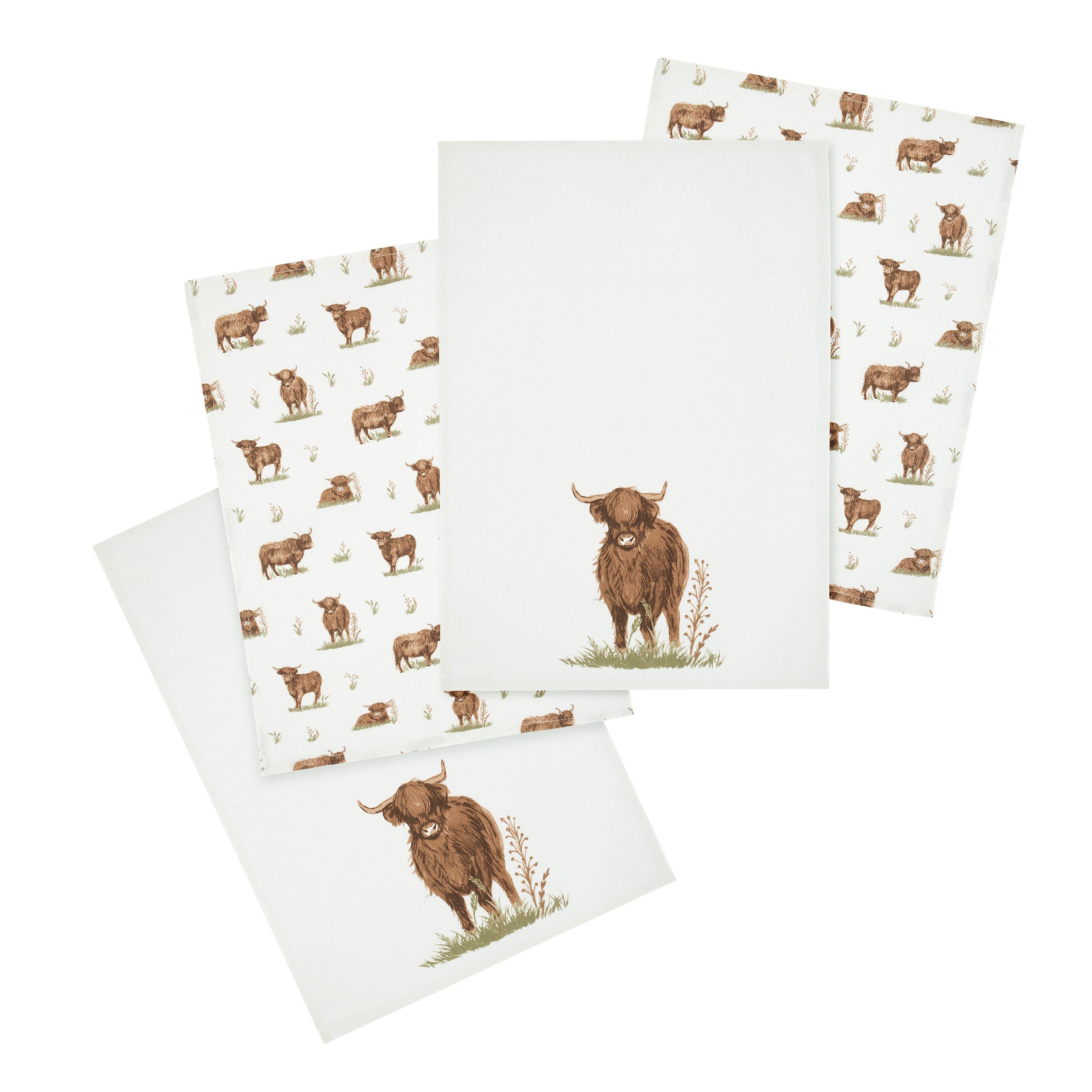 Natural - Catherine Lansfield - Angus Highland Cow Kitchen Tea Towel Pack of 4 - 3