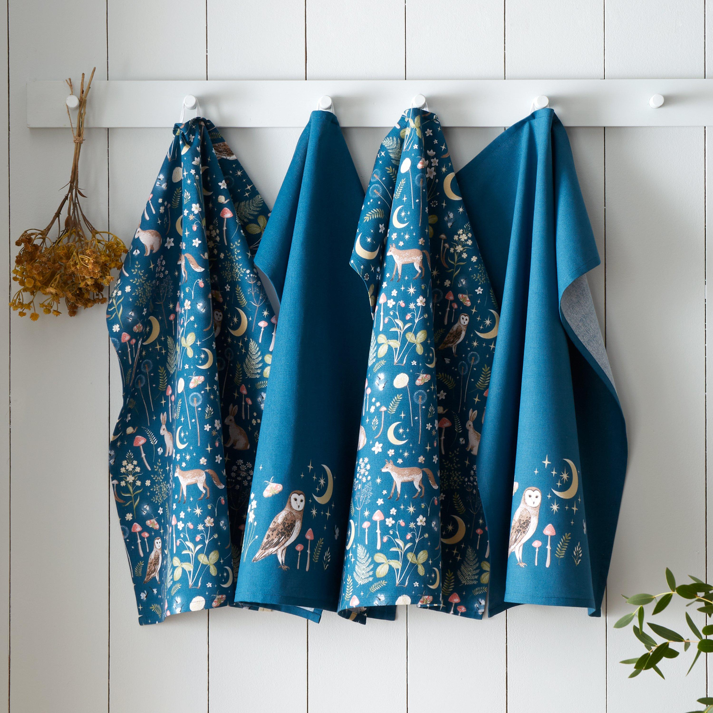 Catherine Lansfield  Enchanted Twilight Kitchen Tea Towel Pack Of 4 - Navy Blue - 50x70cm