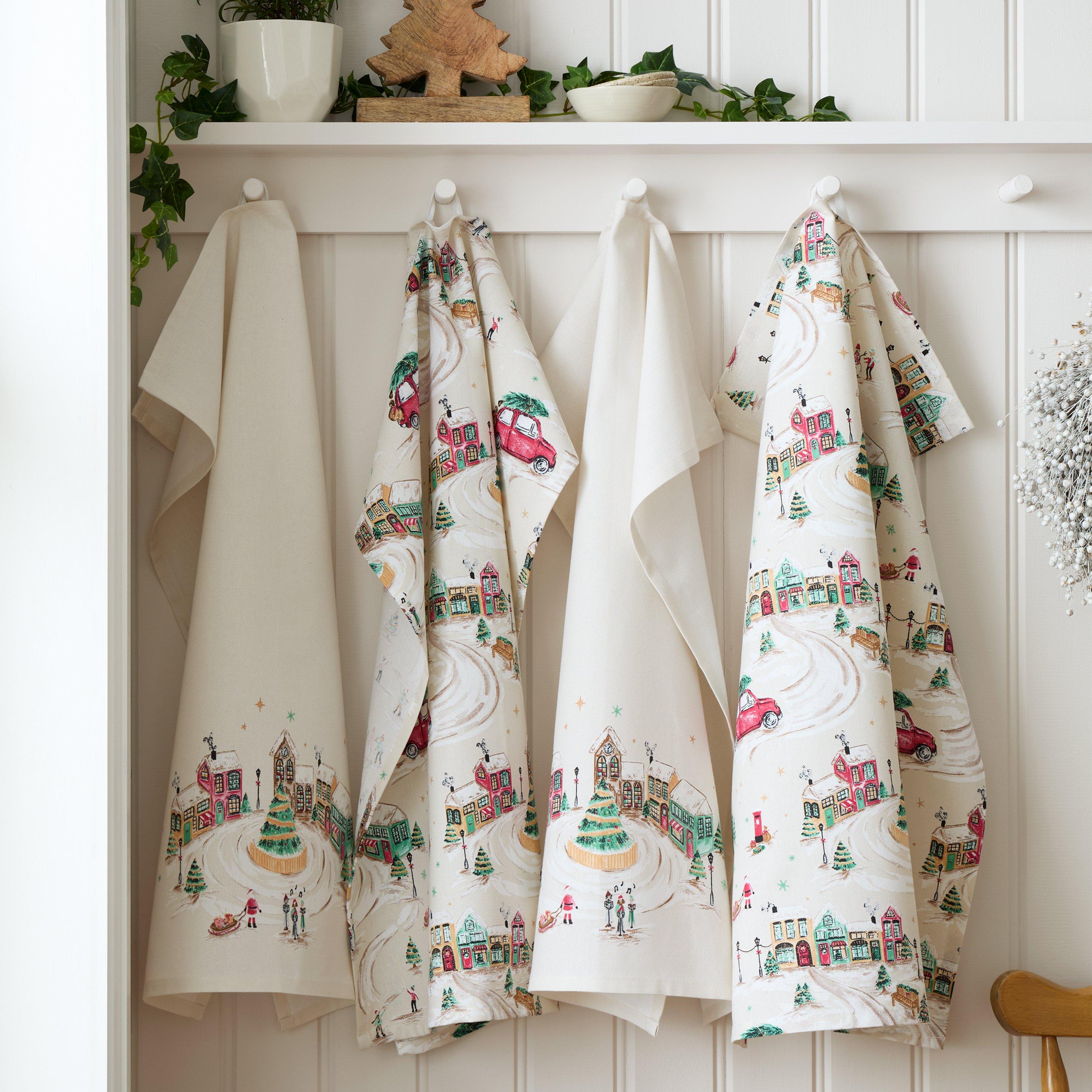 Natural - Catherine Lansfield - Christmas Town Cotton Kitchen Tea Towel Pack of 4 - 1