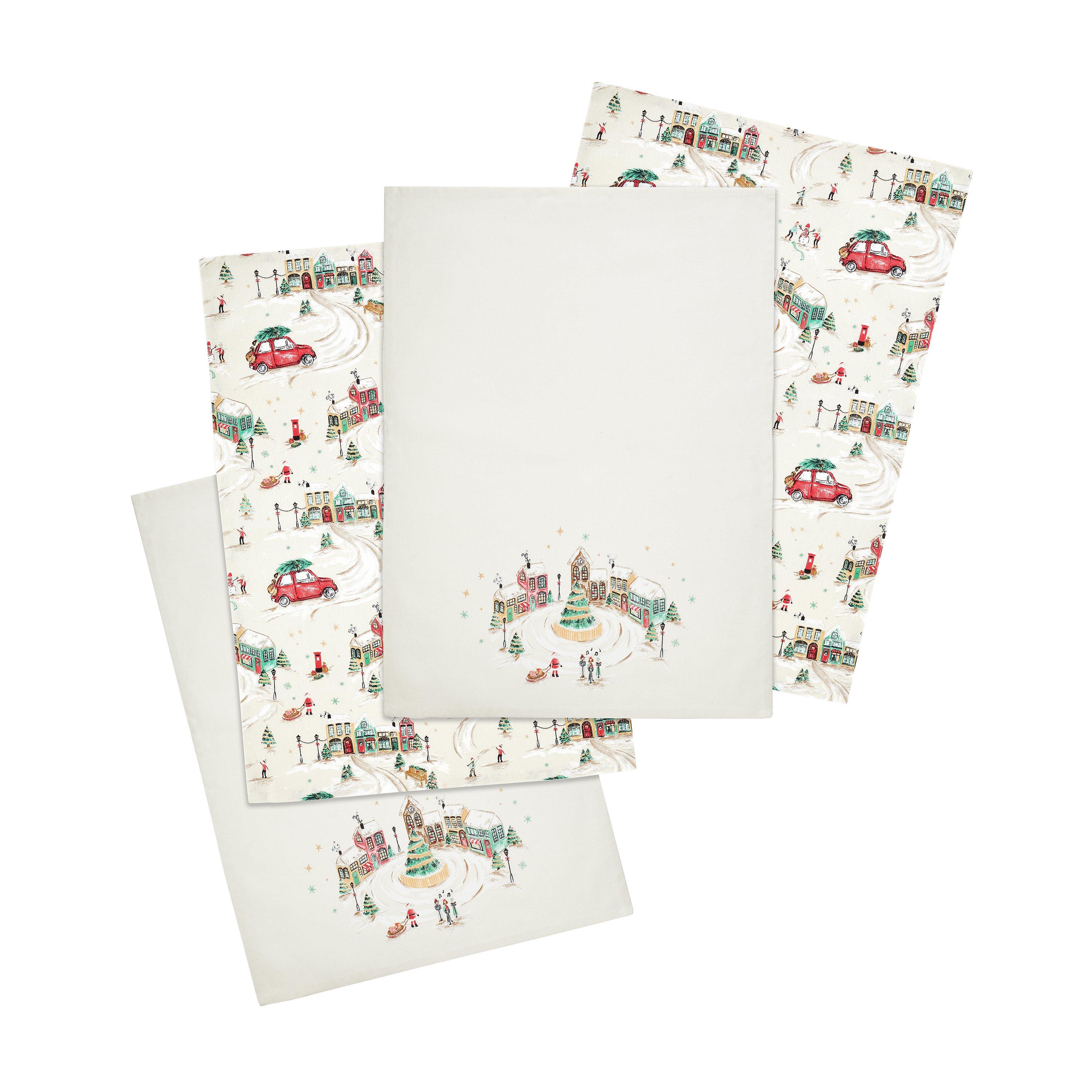 Natural - Catherine Lansfield - Christmas Town Cotton Kitchen Tea Towel Pack of 4 - 3