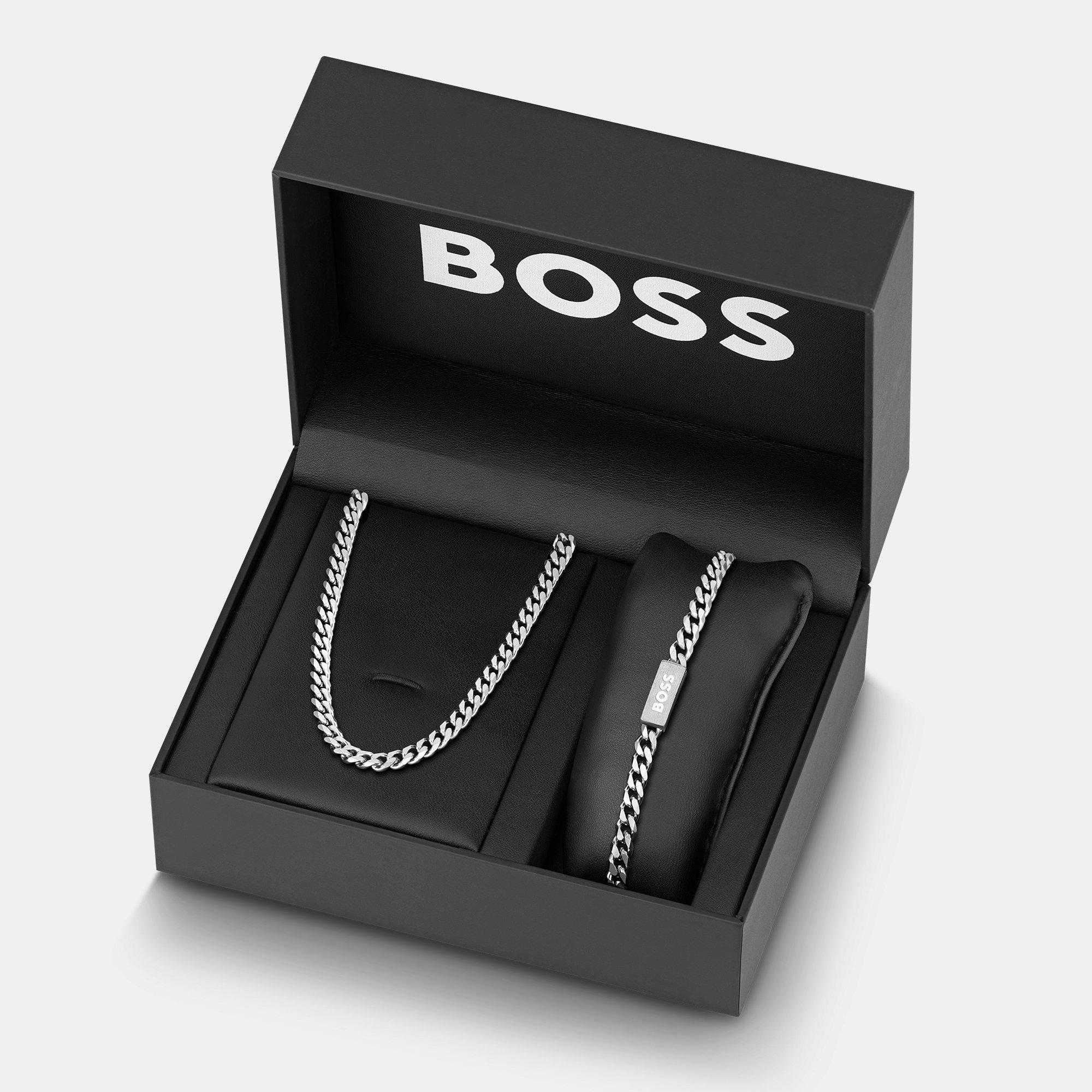 Silver - Boss - Gents BOSS Chain for Him Stainless Steel Necklace & Bracelet Gift Set - 1