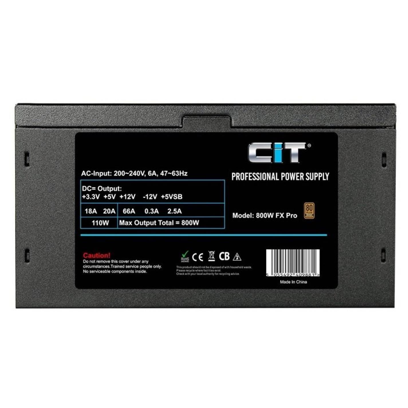 Nero - CiT - FX Pro 800W ATX Power Supply Unit APFC 80 Plus Bronze - with 14cm Fan - 7