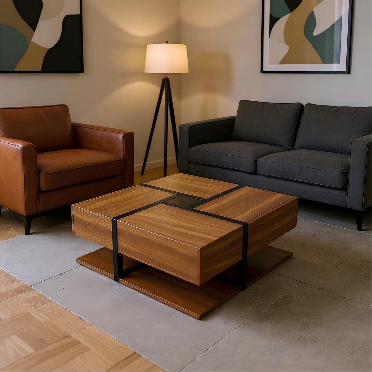 Brown - Urban Meuble - Square Coffee Table with Storage Drawers - 1