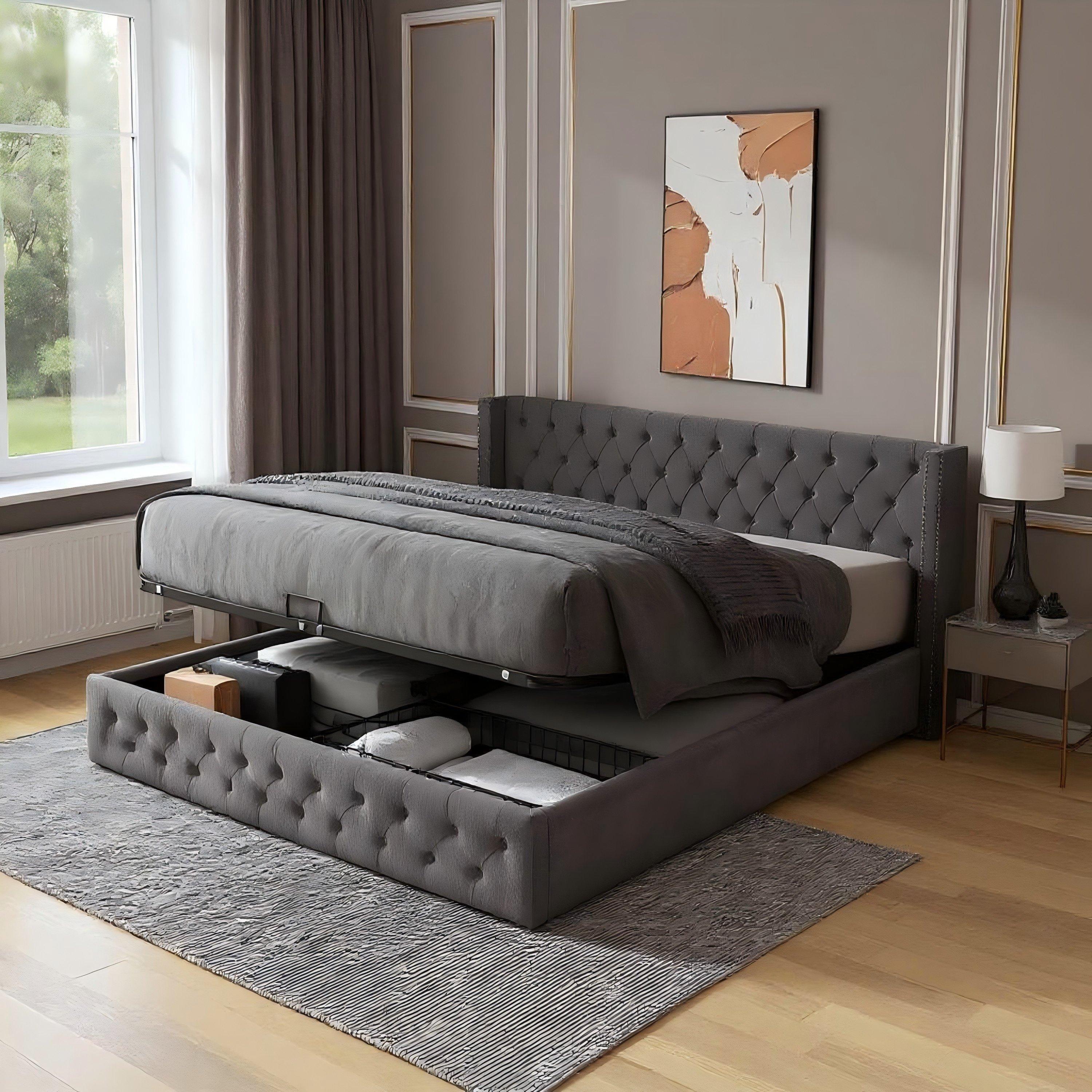 Upholstered King Bed Frame with Tufted Headboard