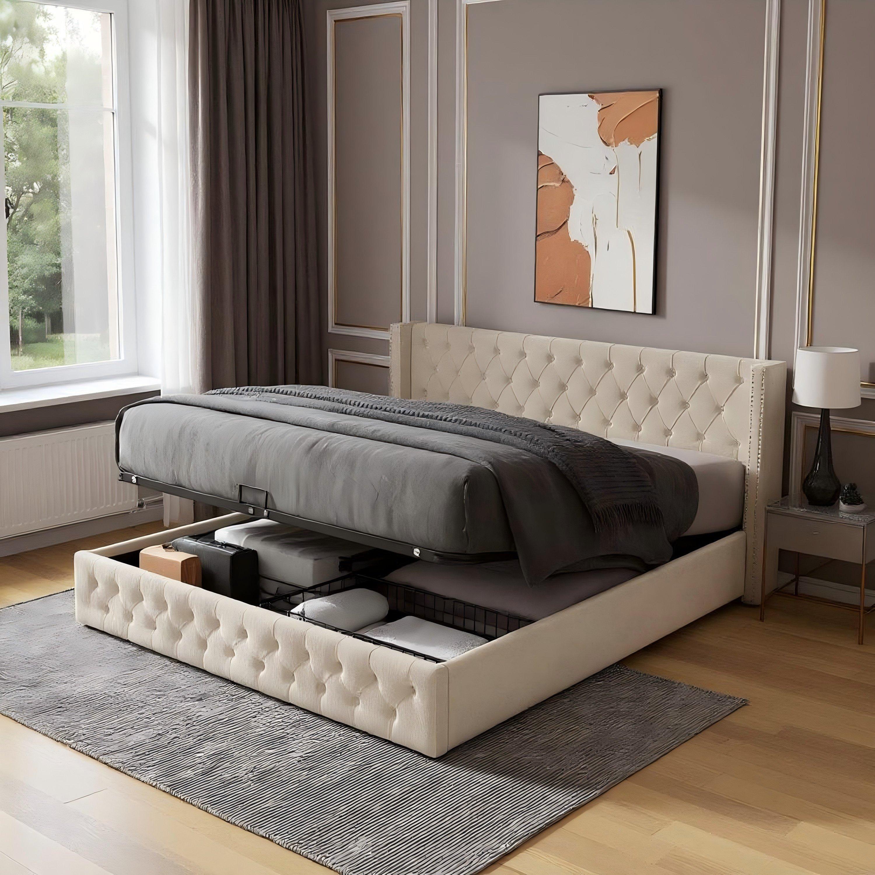 Beige - Urban Meuble - Upholstered King Bed Frame with Tufted Headboard - 1