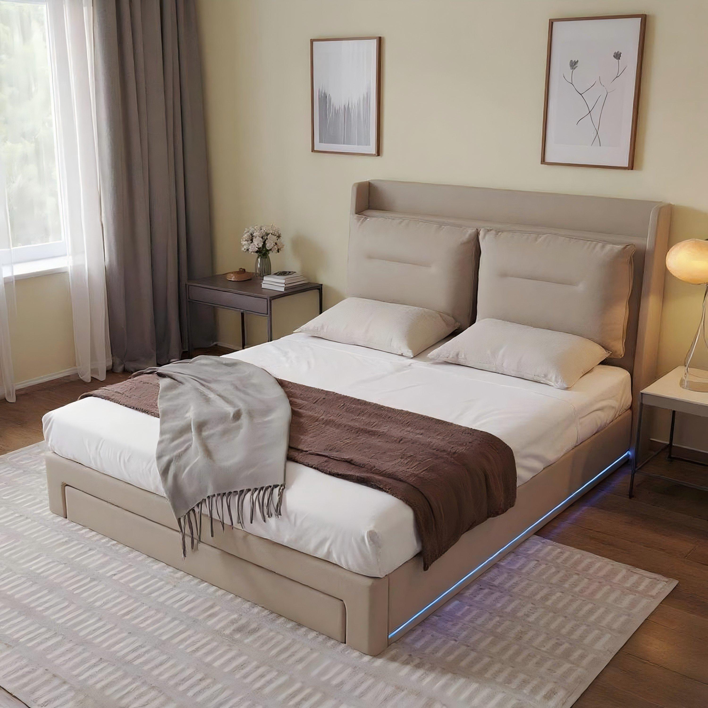 Beige - Urban Meuble - Upholstered Bed Frame with Storage Drawers - 1