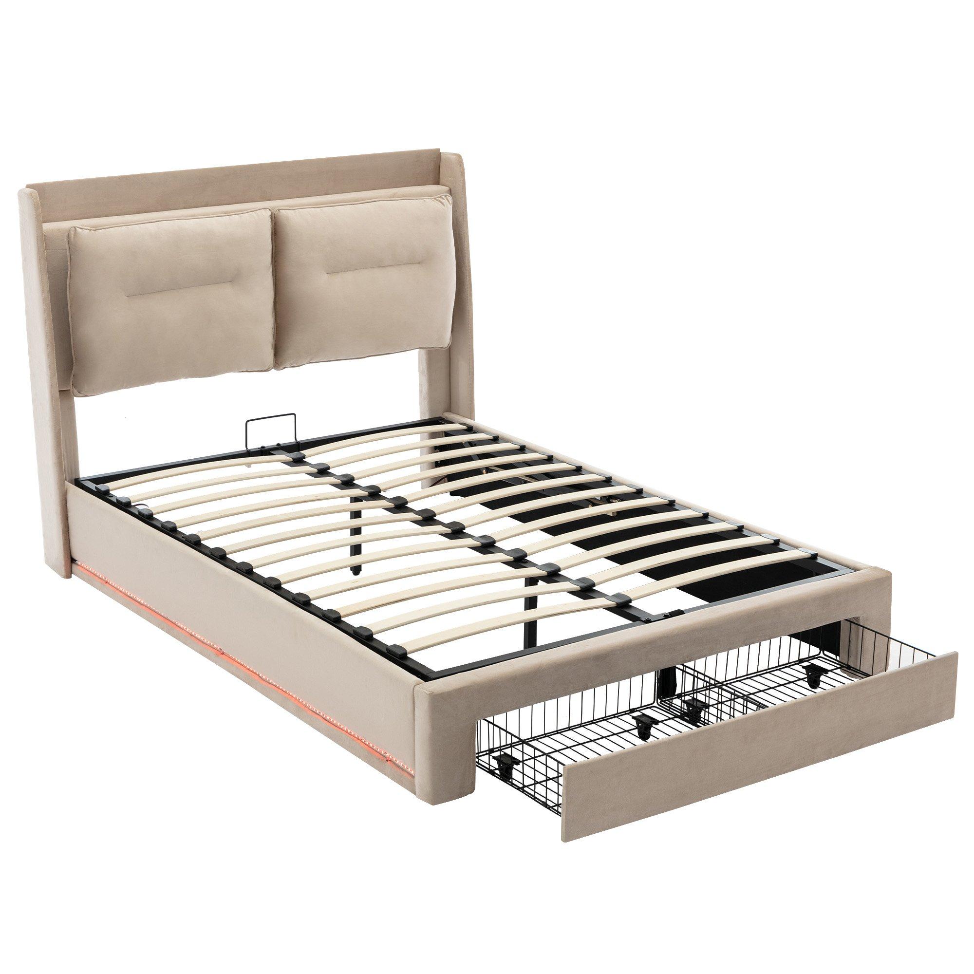 Beige - Urban Meuble - Upholstered Bed Frame with Storage Drawers - 2