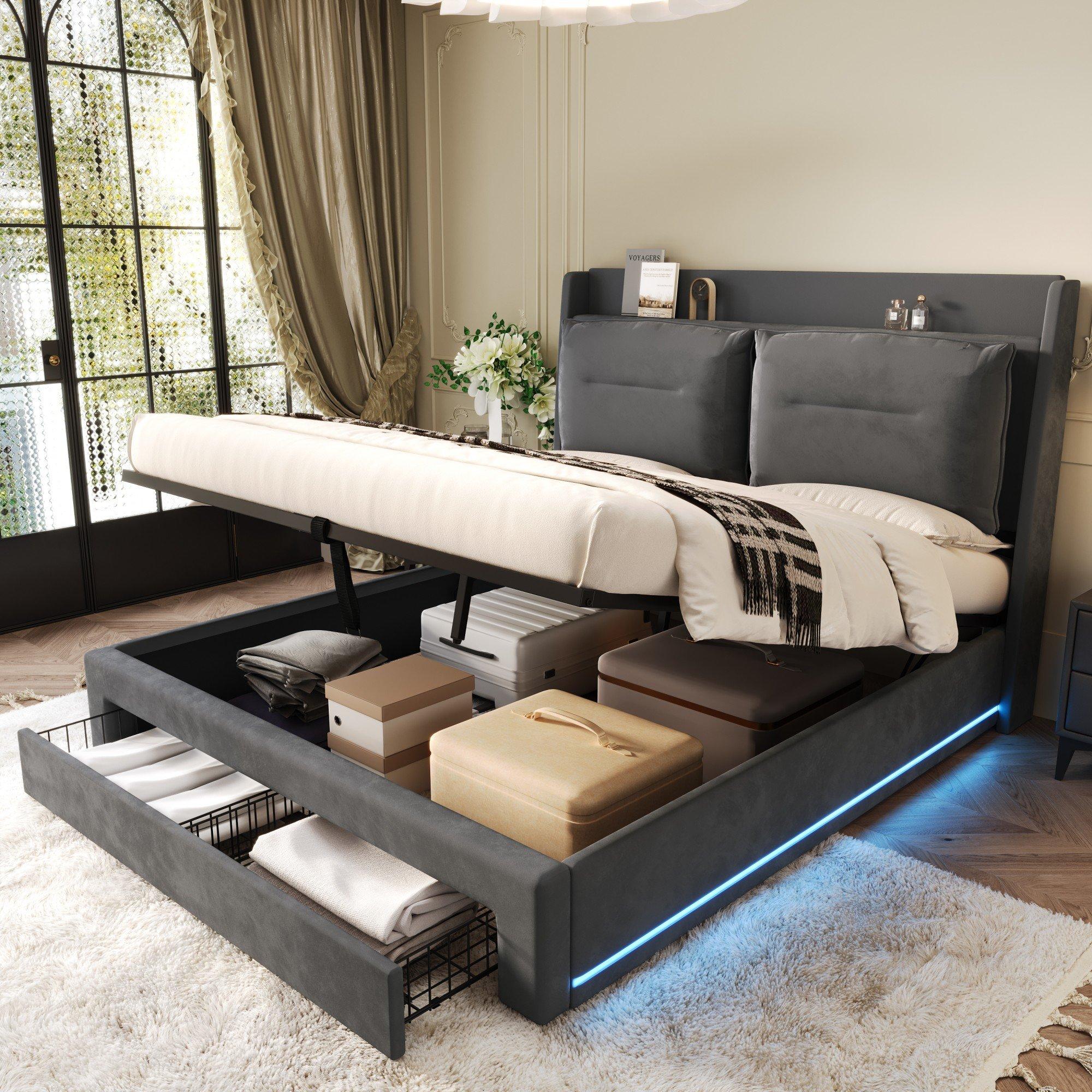 Grey - Urban Meuble - Upholstered Bed Frame with Cushioned Headboard - 1