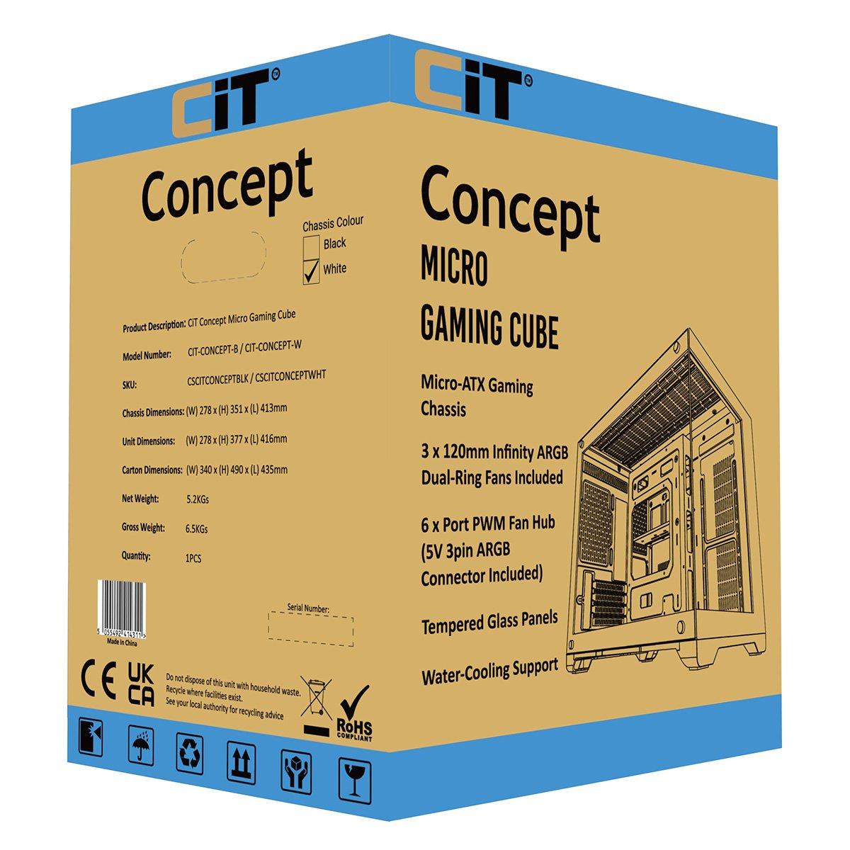 White - CiT - Concept Micro ATX Gaming Cube with TG Front+Side Panels with 3x CiT Tornado Fans - White - 15