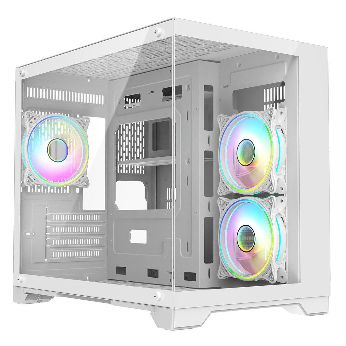 White - CiT - Concept Micro ATX Gaming Cube with TG Front+Side Panels with 3x CiT Tornado Fans - White - 5