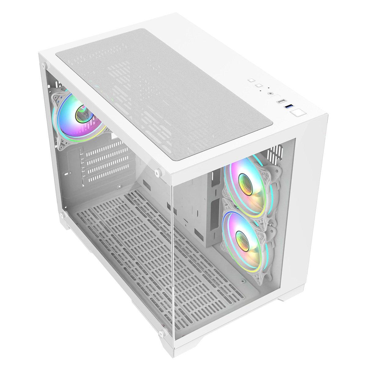 White - CiT - Concept Micro ATX Gaming Cube with TG Front+Side Panels with 3x CiT Tornado Fans - White - 8