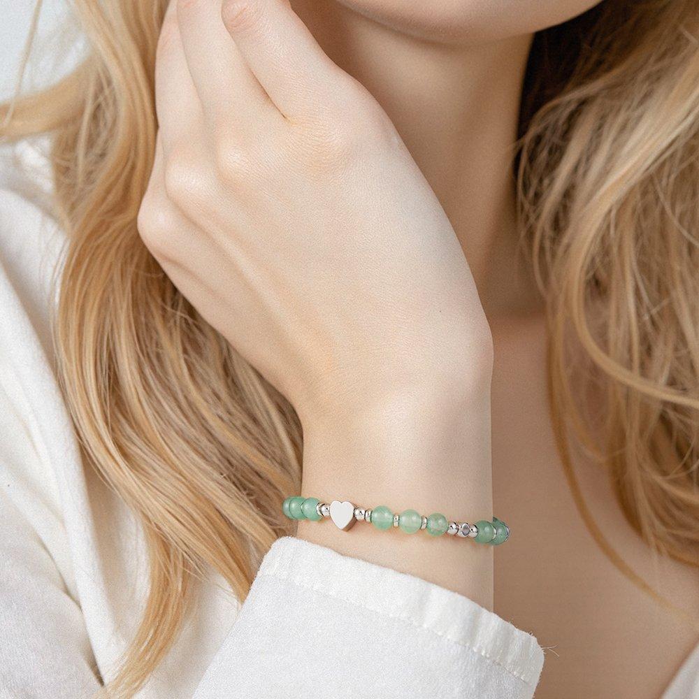 Green - SHEONLY - Stainless Steel Beaded Adjustable Heart Bracelet - 2