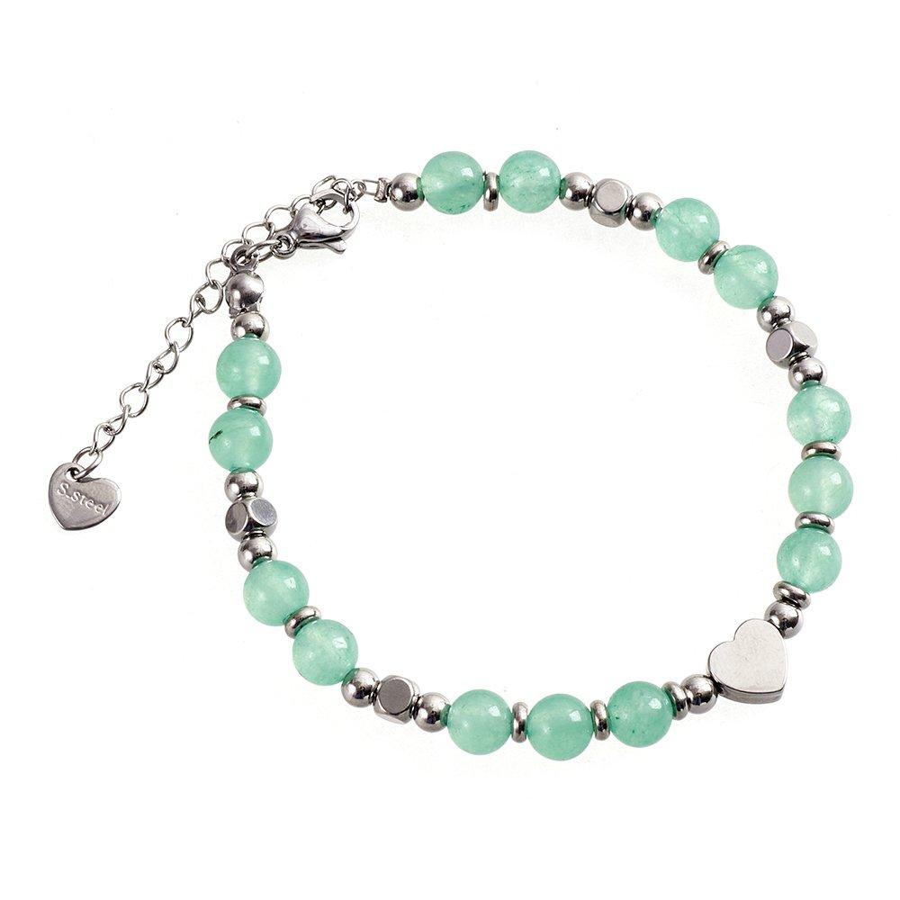 Green - SHEONLY - Stainless Steel Beaded Adjustable Heart Bracelet - 3